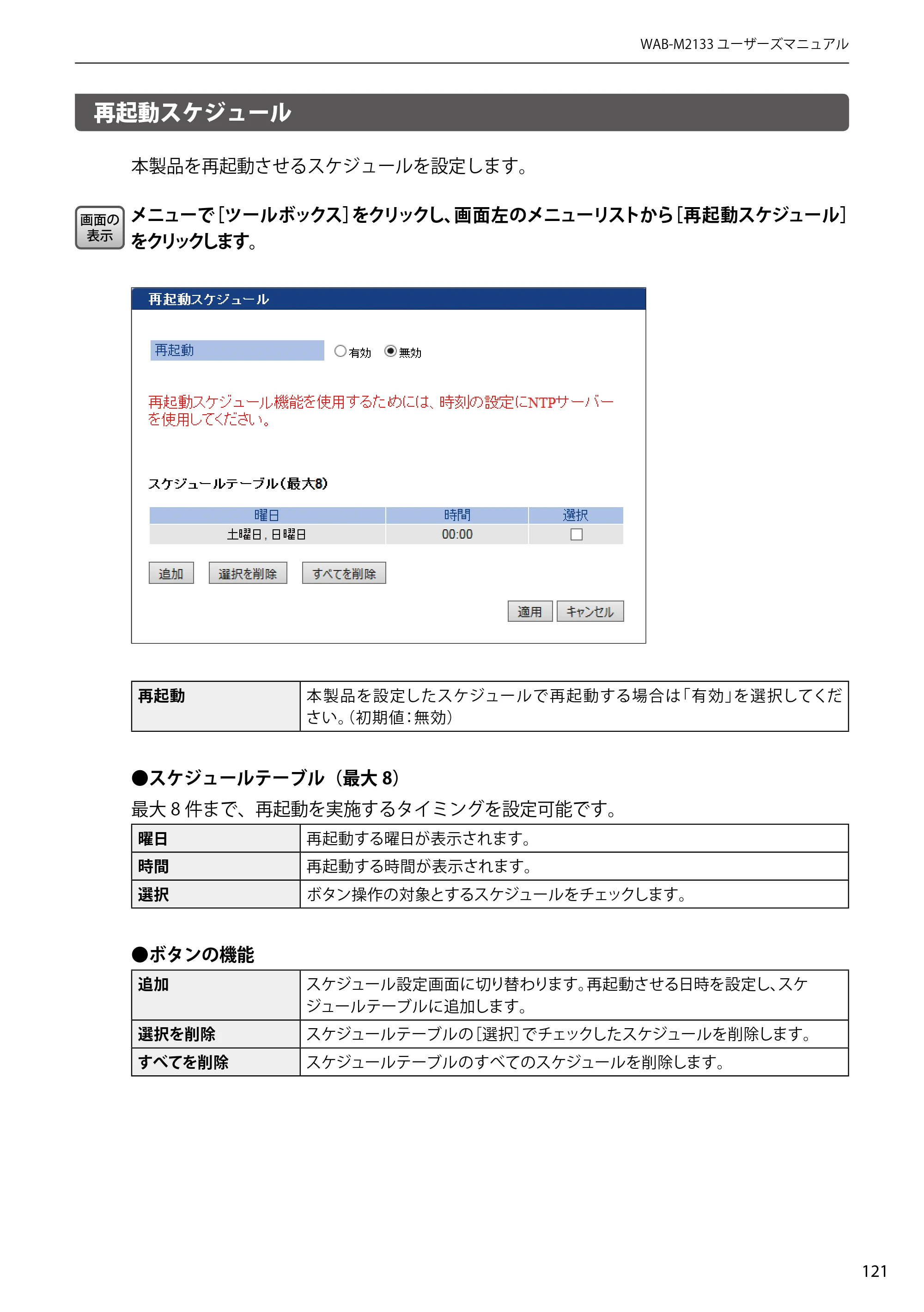 エレコム WAB-EX-DFS / WAB-M2133 2.ユーザーズマニュアル 【対象AP】[WAB-M2133] — 再起動スケジュール — 原本ページ — 121ページ
