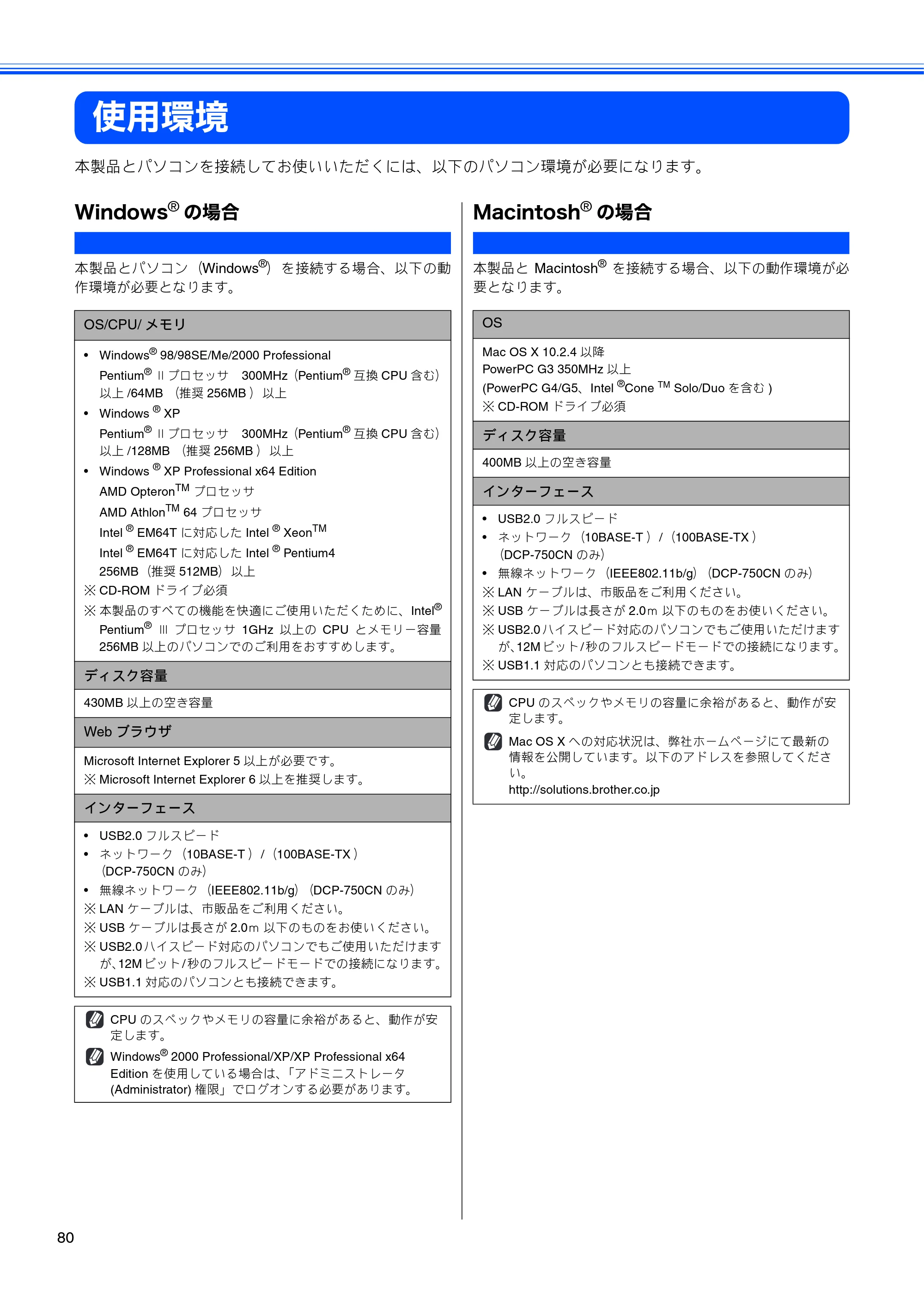 ブラザー DCP-330C / DCP-750CN / DCP-750CNU 取扱説明書（本体） — 使用環境 — 原本ページ — 82ページ
