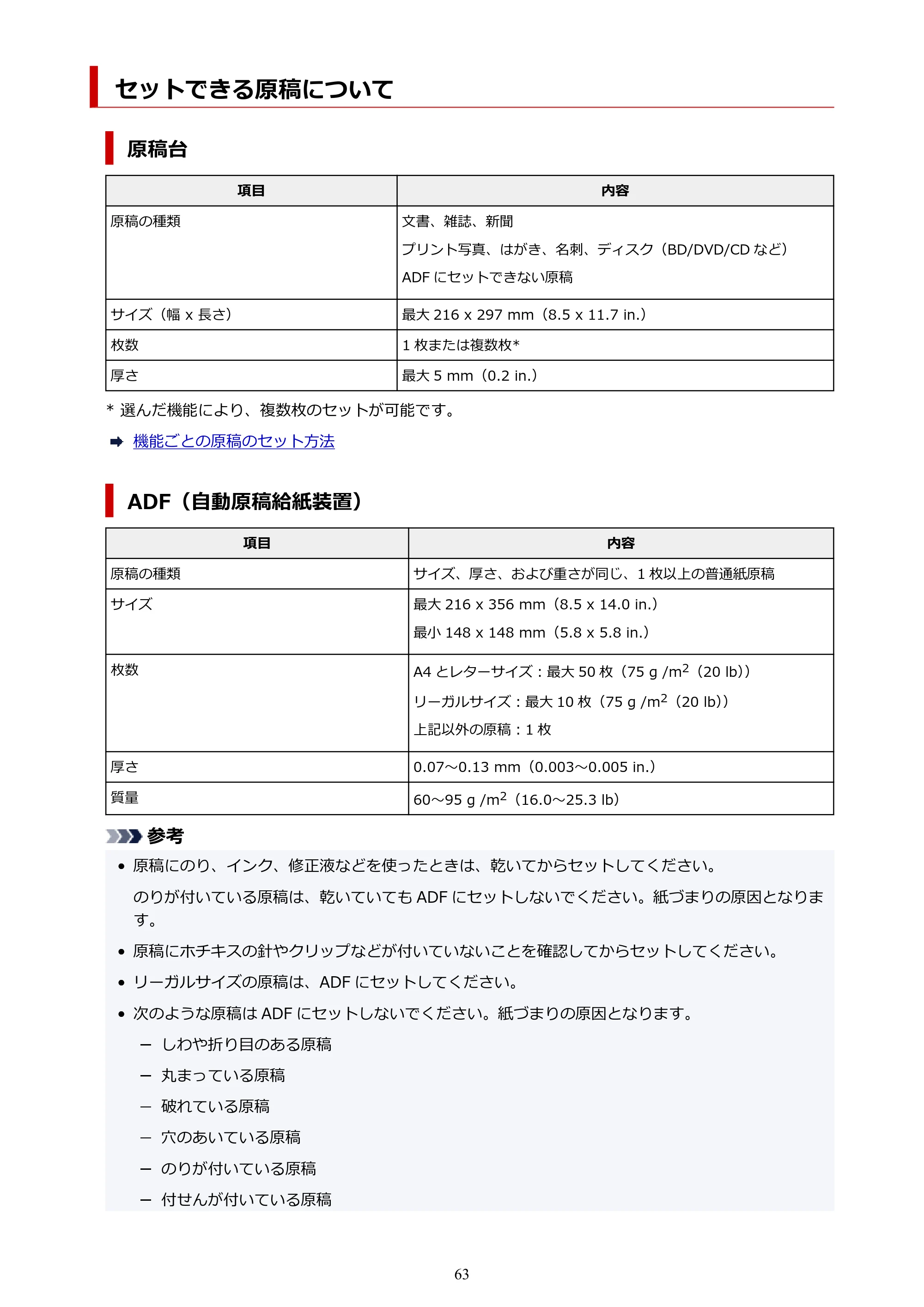 キヤノン GX7130 GX7130 (PDF) オンラインマニュアル 取扱説明書 2026年3月19日掲載（PDF：8.7MB） — セットできる原稿について — 原本ページ — 63ページ