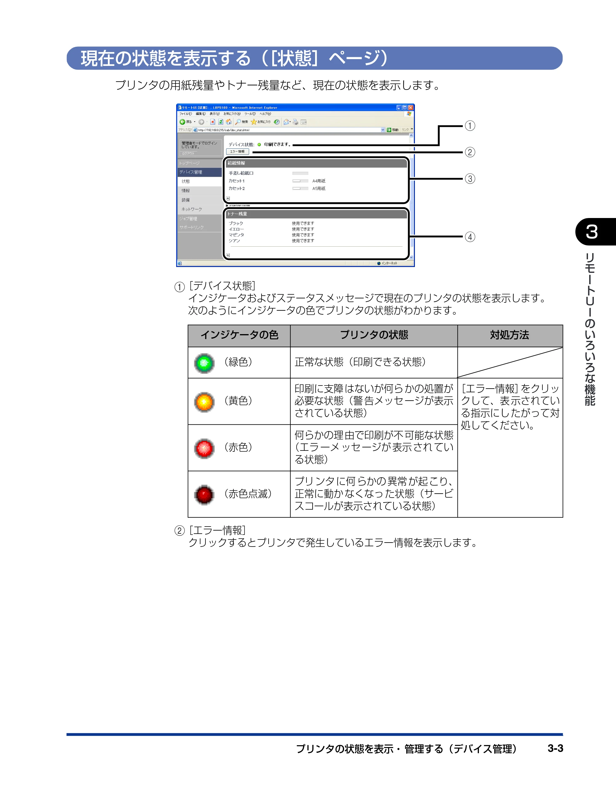 キヤノン LBP3310 リモートUIガイド 2008年1月21日掲載 （PDF形式／1.38Mバイト） — 現在の状態を表示する（［状態］ページ） — 原本ページ — 21ページ