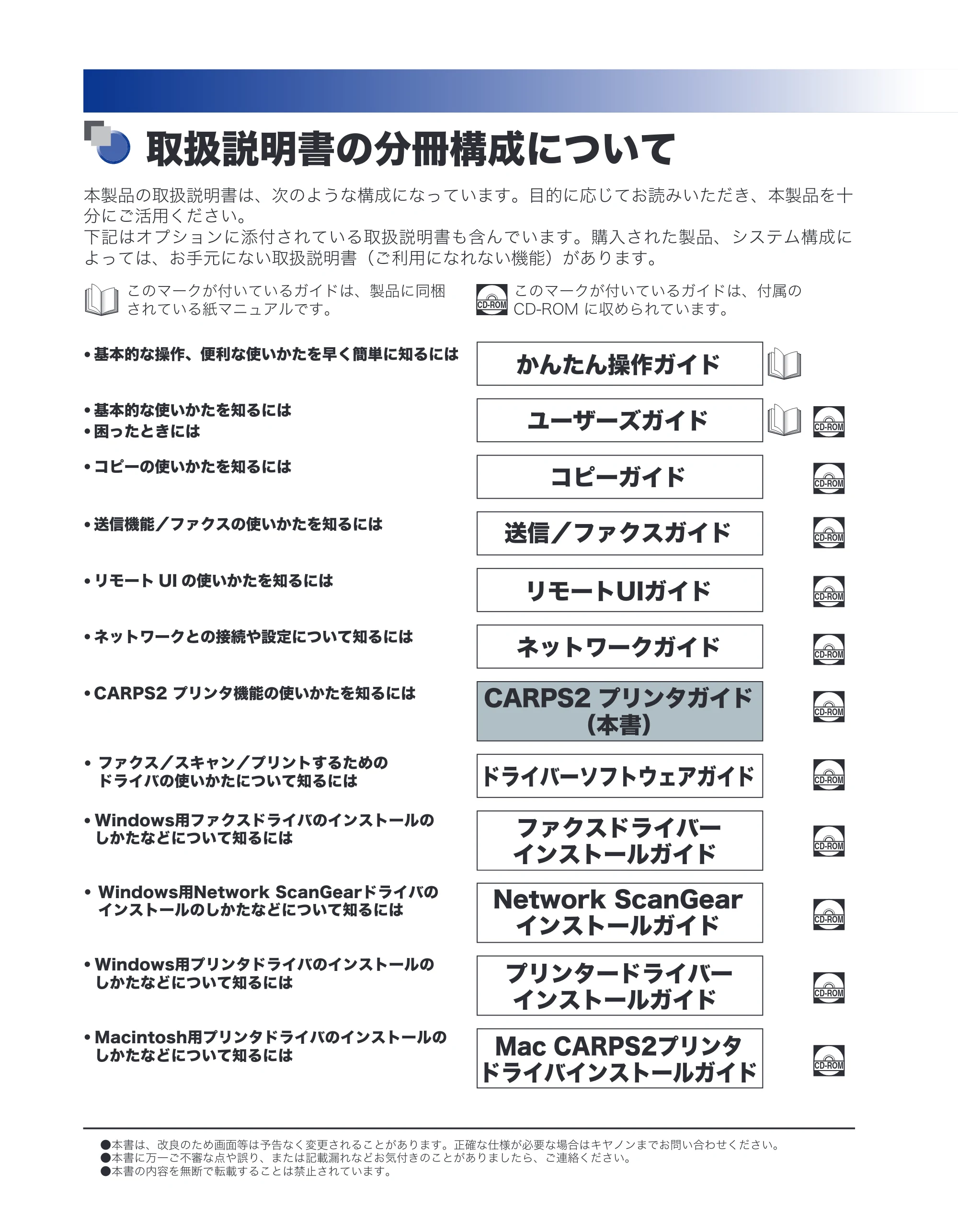 キヤノン CARPS2 プリンターガイド CARPS2 プリンターガイド 2016年1月28日掲載（PDF：3.82MB） — 取扱説明書の分冊構成について — 原本ページ — 2ページ