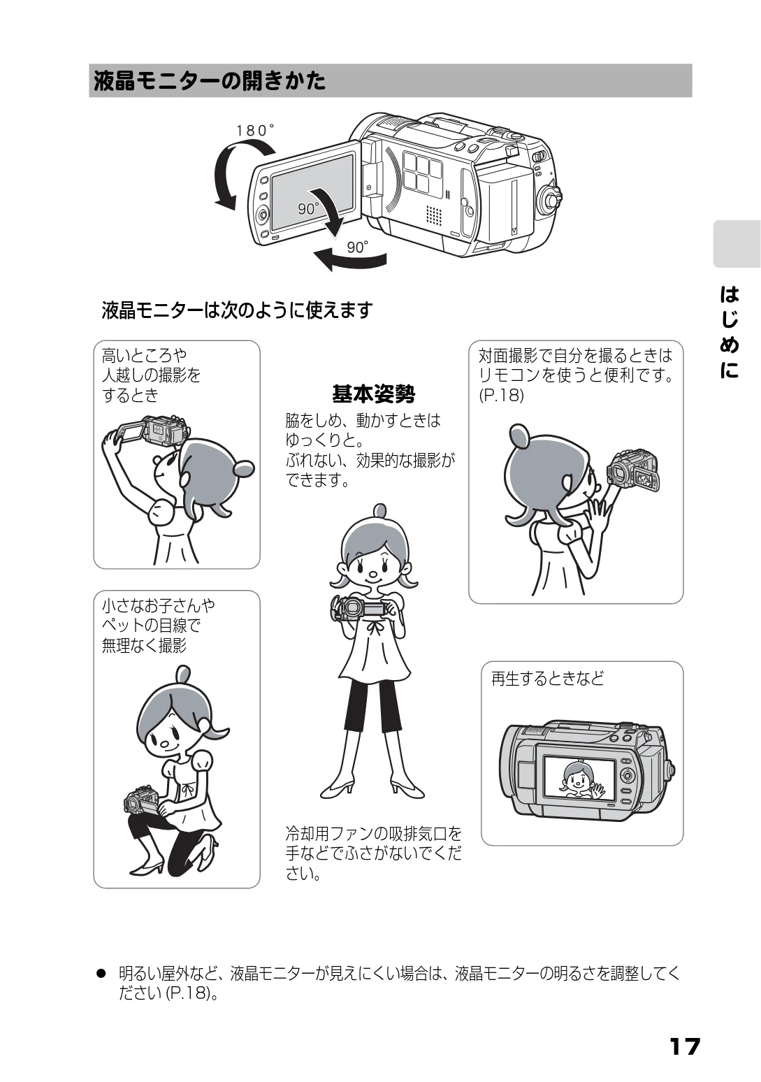 日立 DZ-HD90 取扱説明書 — 液晶モニターの開きかた — 図版 17-1 — 17ページ