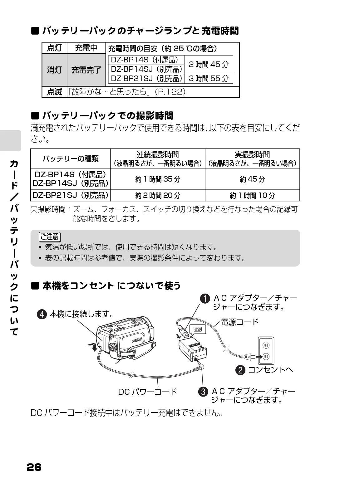 日立 DZ-HD90 取扱説明書 — バッテリーパックのチャージランプと充電時間 — 図版 26-1 — 26ページ