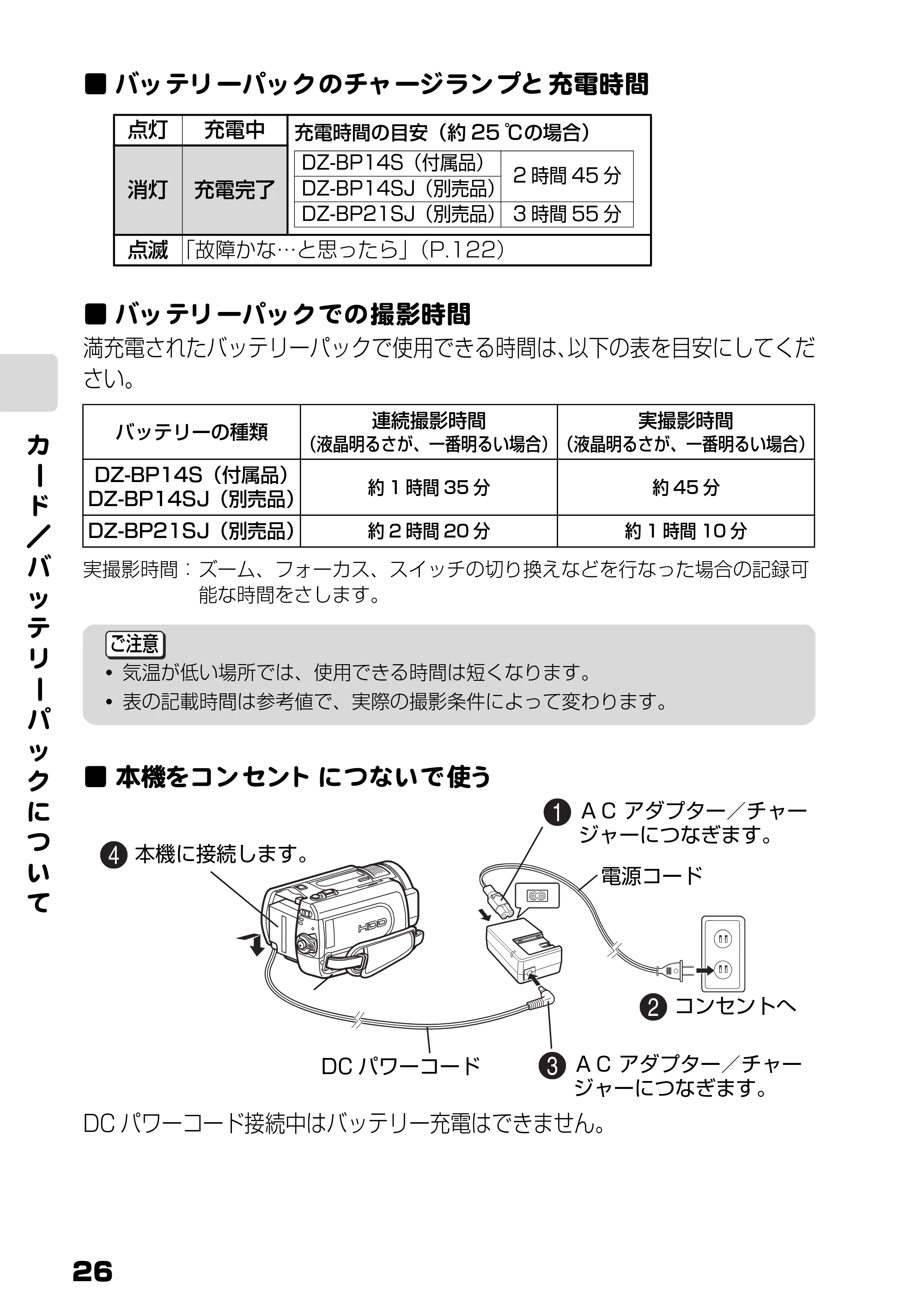 日立 DZ-HD90 取扱説明書 — バッテリーパックのチャージランプと充電時間 — 原本ページ — 26ページ