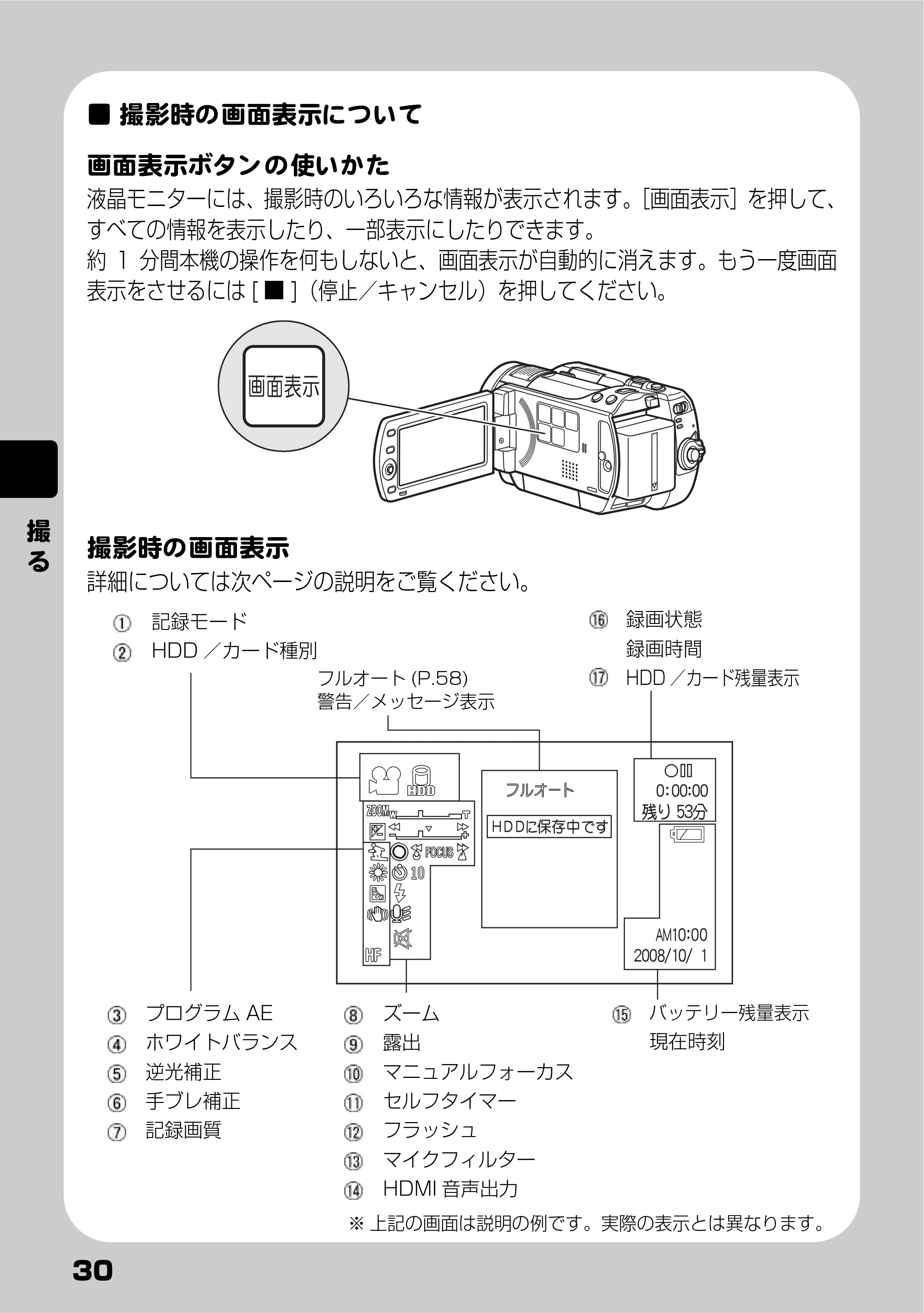 日立 DZ-HD90 取扱説明書 — 撮影時の画面表示について — 原本ページ — 30ページ