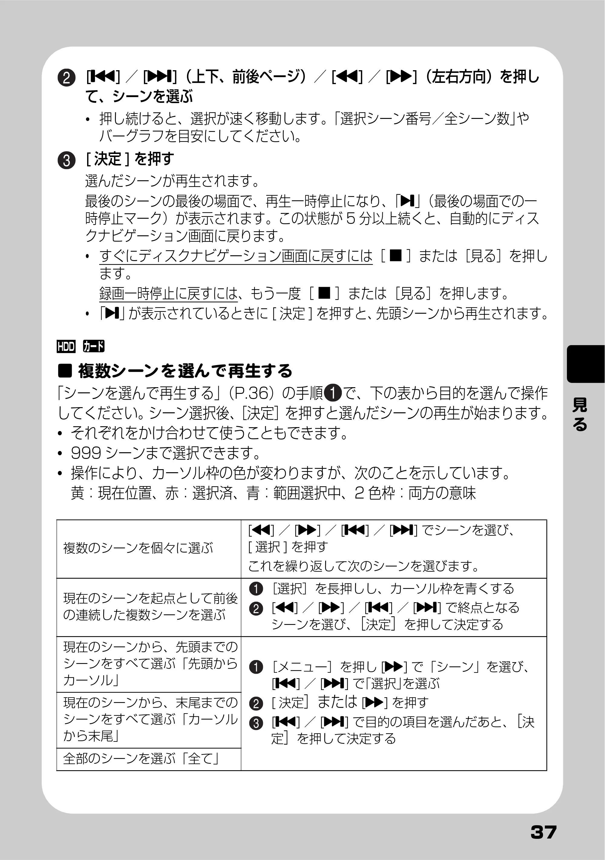 日立 DZ-HD90 取扱説明書 — 複数シーンを選んで再生する — 原本ページ — 37ページ