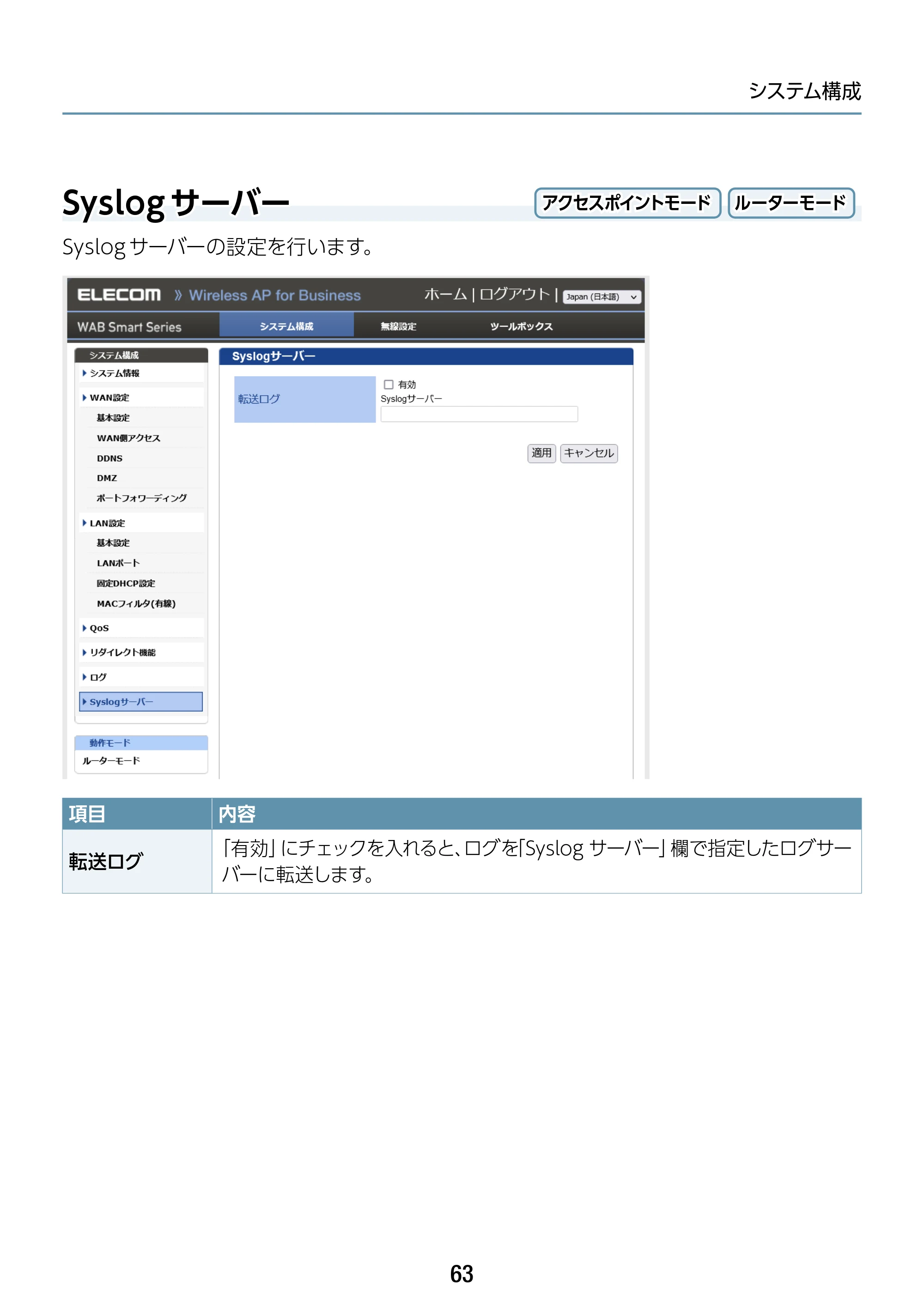 エレコム WAB-S1167IW-ACI 2.ユーザーズ・マニュアル — Syslogサーバー — 原本ページ — 63ページ