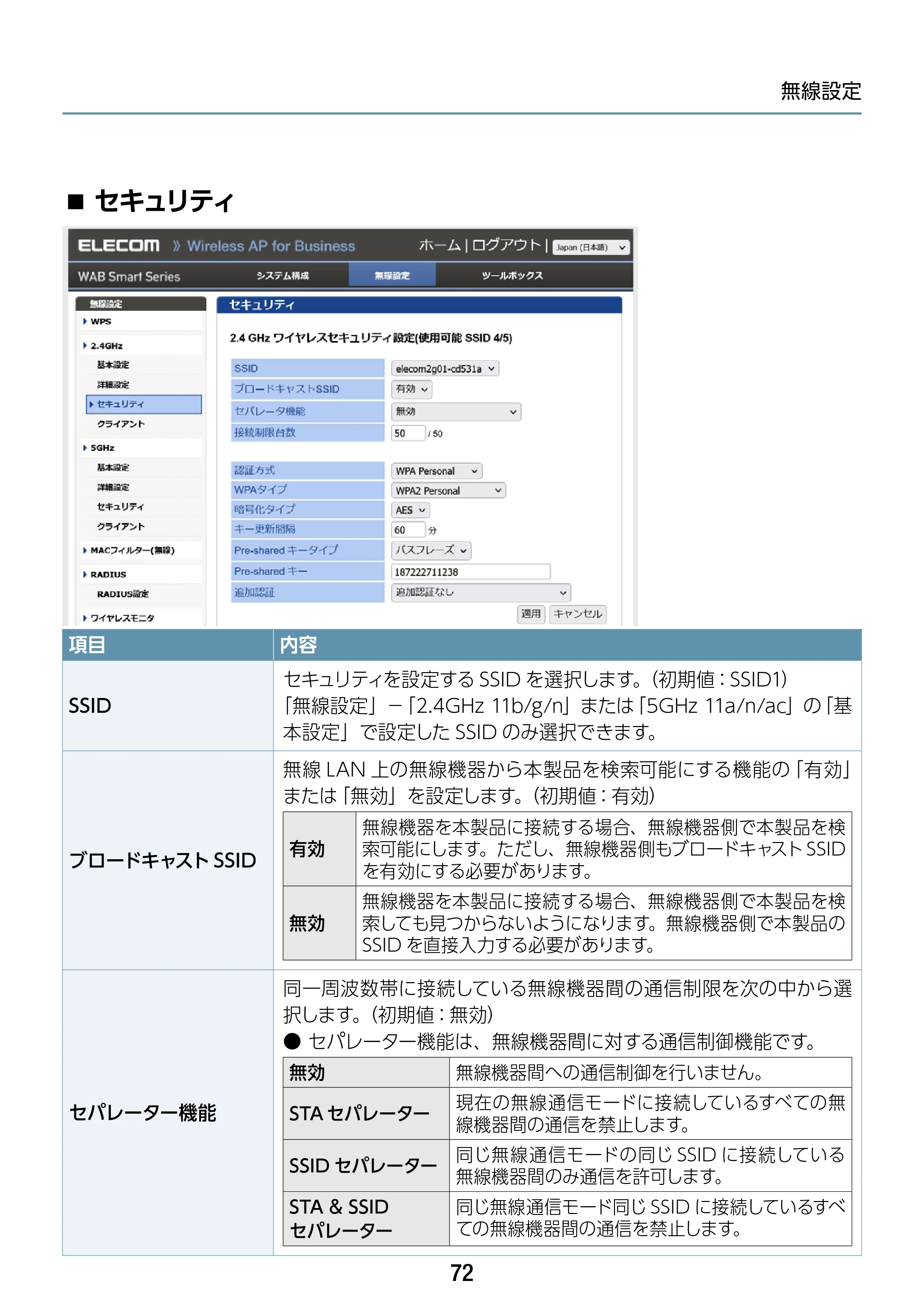 エレコム WAB-S1167IW-ACI 2.ユーザーズ・マニュアル — セキュリティ — 原本ページ — 72ページ