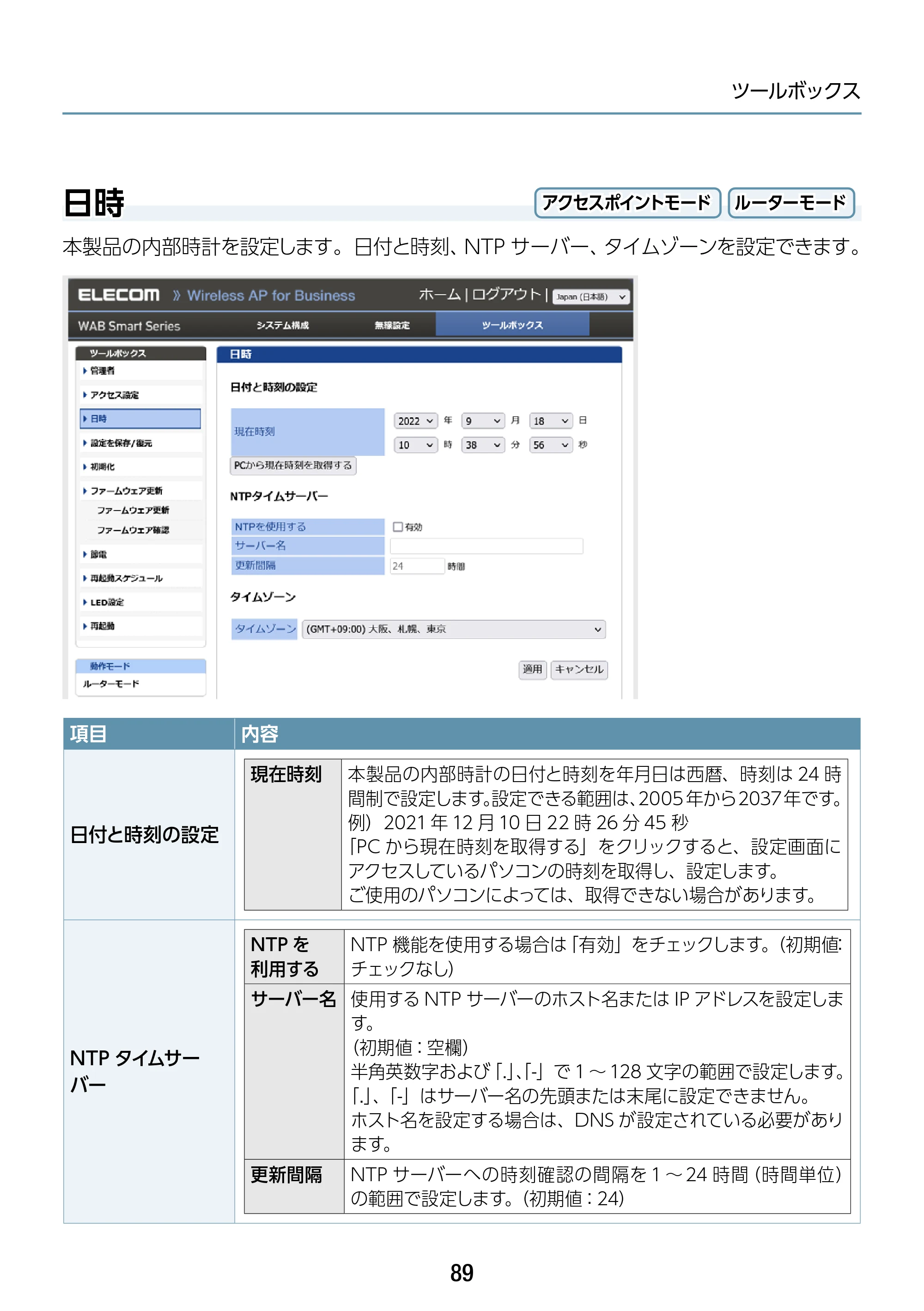 エレコム WAB-S1167IW-ACI 2.ユーザーズ・マニュアル — 日時 — 原本ページ — 89ページ