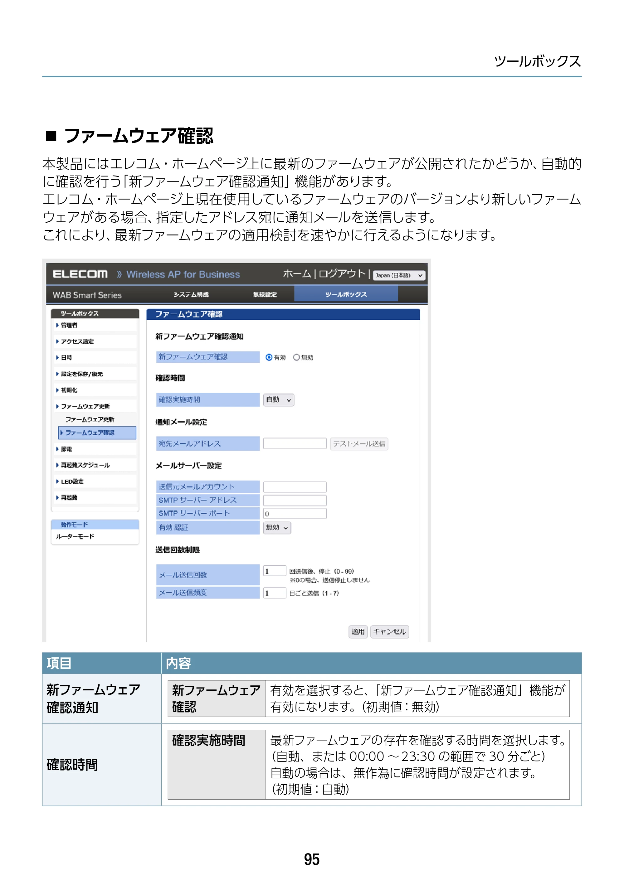 エレコム WAB-S1167IW-ACI 2.ユーザーズ・マニュアル — ファームウェア確認 — 原本ページ — 95ページ