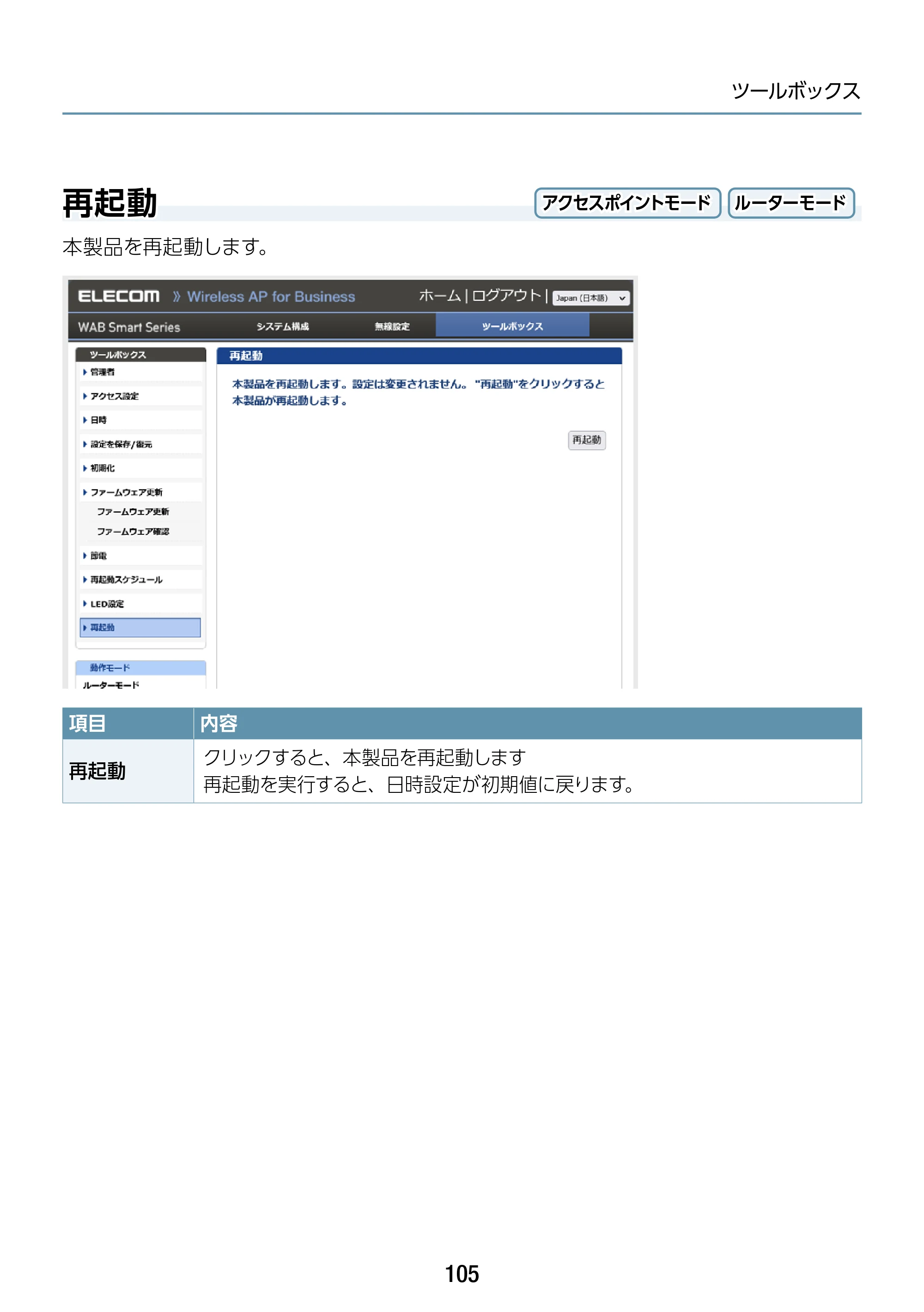エレコム WAB-S1167IW-ACI 2.ユーザーズ・マニュアル — 再起動 — 原本ページ — 105ページ