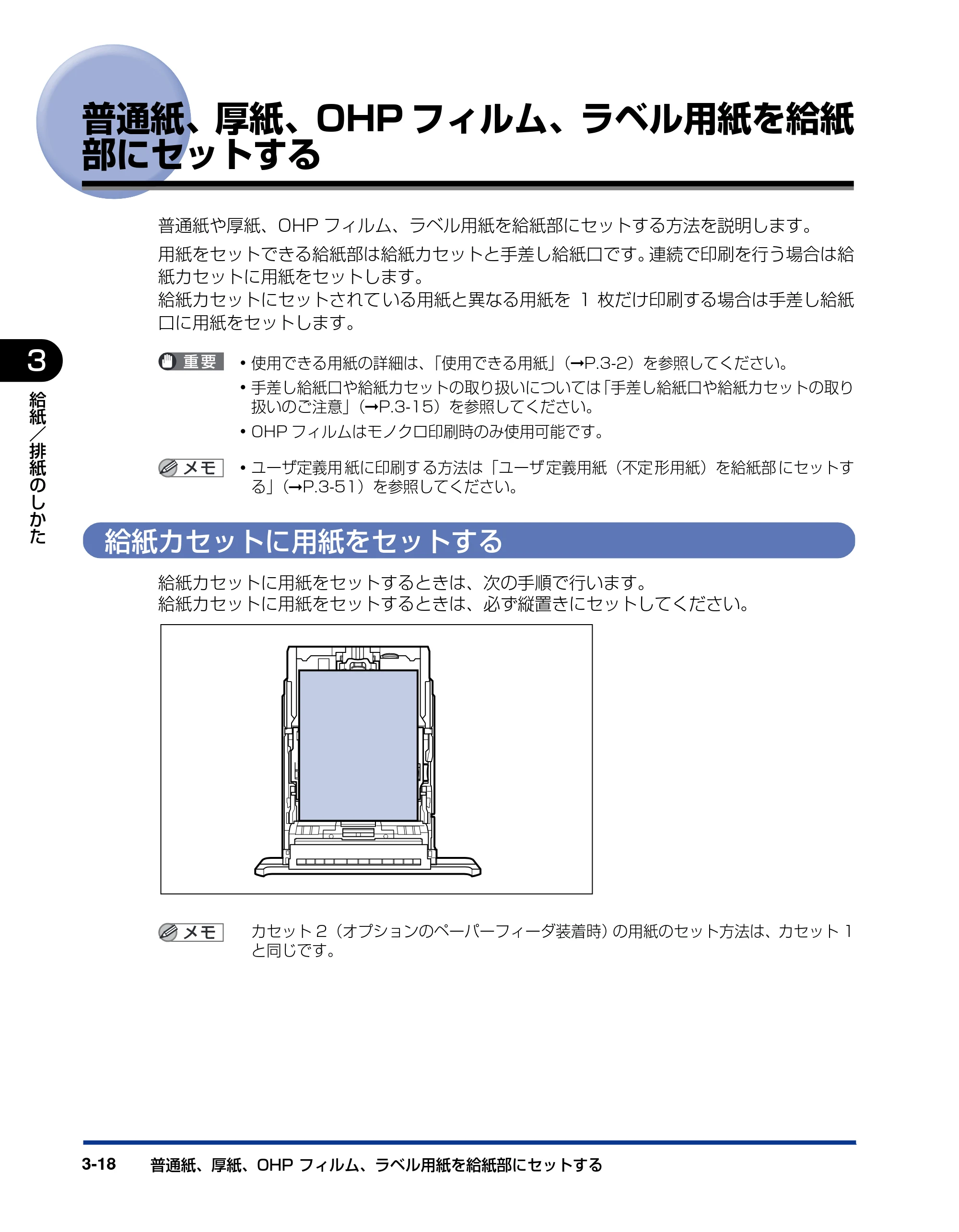 キヤノン LBP5100 ユーザーズガイド 2007年1月25日掲載 （PDF形式／16.15Mバイト） — 普通紙、厚紙、OHPフィルム、ラベル用紙を給紙部にセットする — 原本ページ — 92ページ