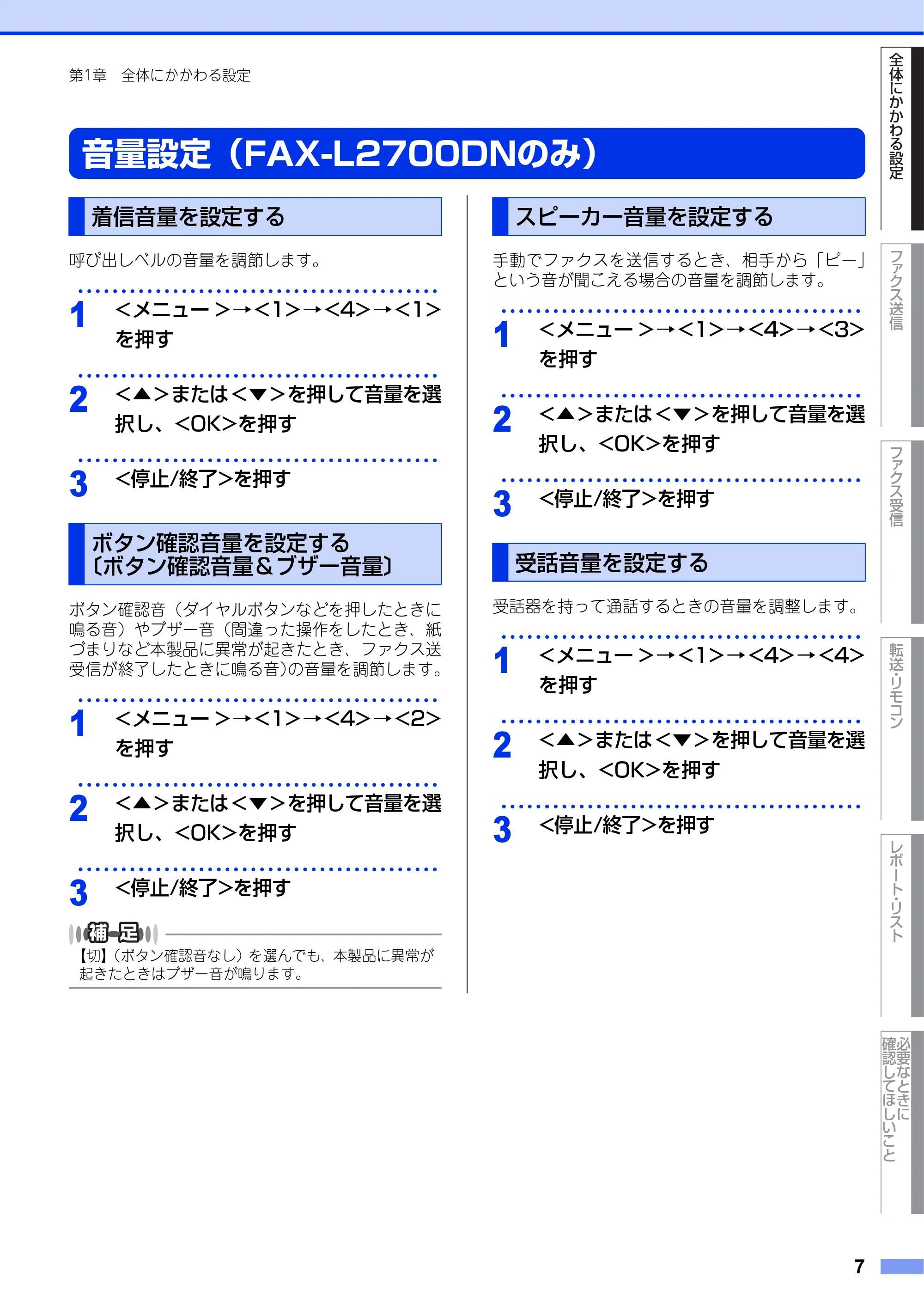 ブラザー DCP-L2520D / DCP-L2540DW / FAX-L2700DN ユーザーズガイド ～応用編～ — 音量設定（FAX-L2700DNのみ） — 原本ページ — 7ページ