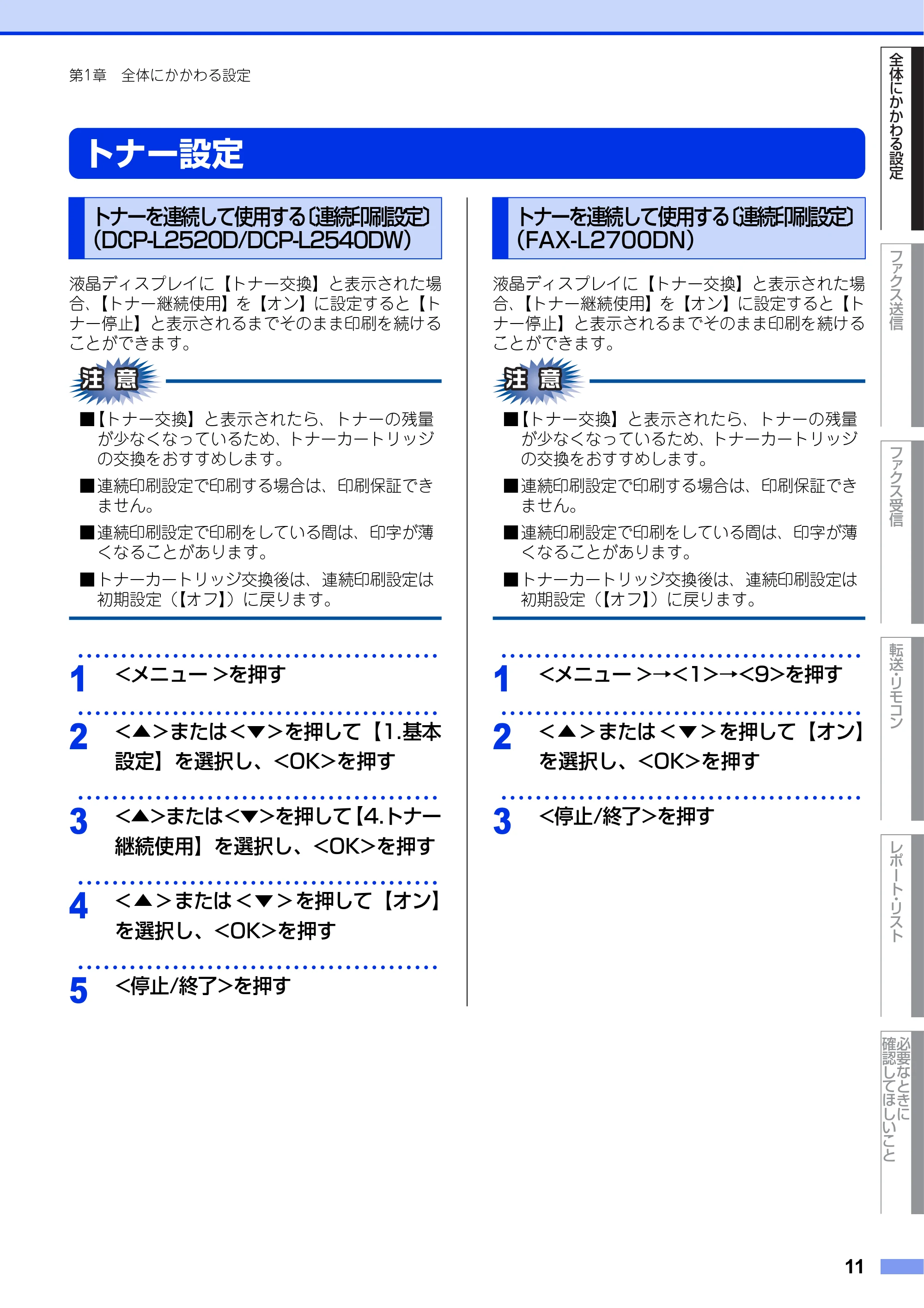 ブラザー DCP-L2520D / DCP-L2540DW / FAX-L2700DN ユーザーズガイド ～応用編～ — トナー設定 — 原本ページ — 11ページ