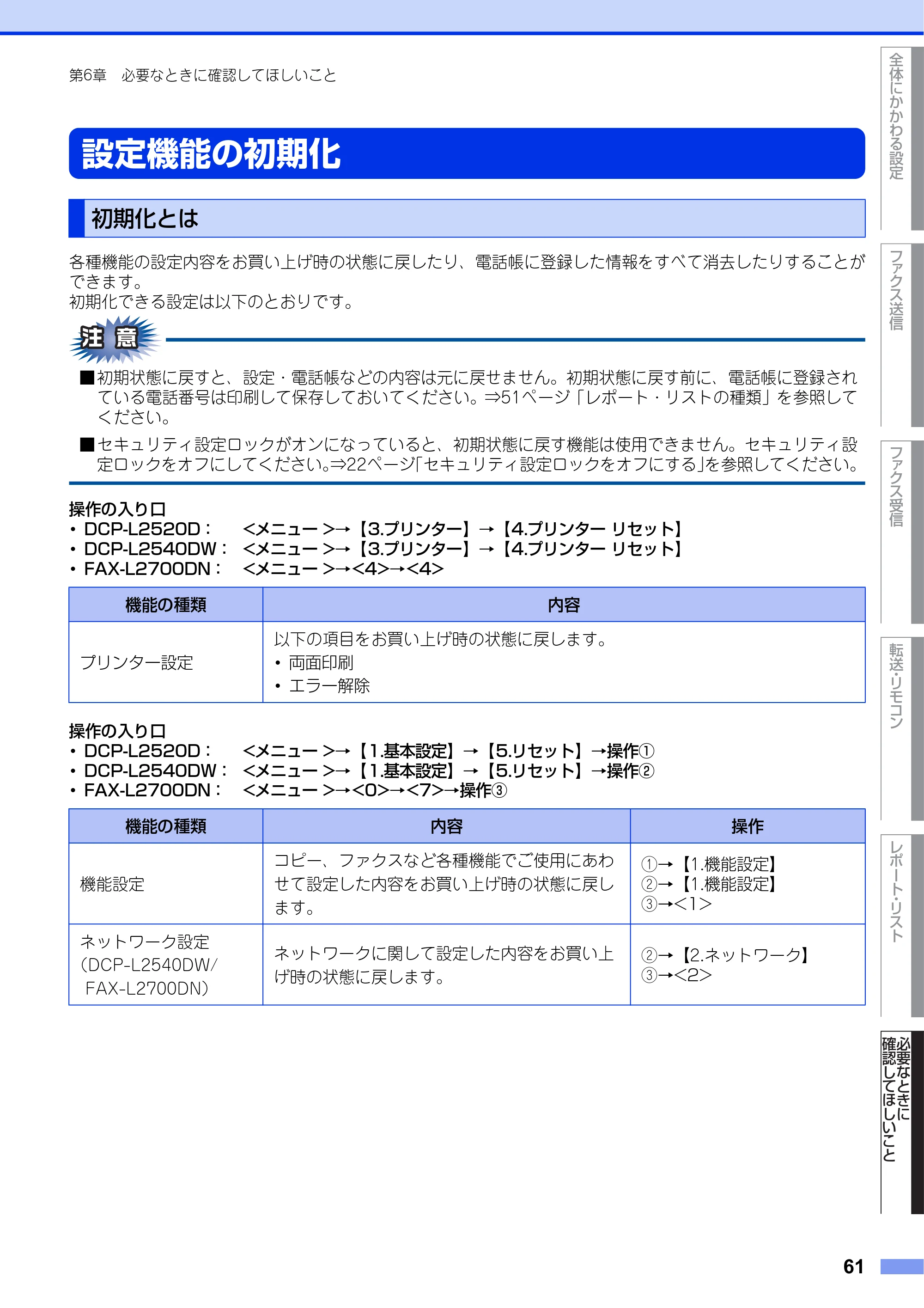 ブラザー DCP-L2520D / DCP-L2540DW / FAX-L2700DN ユーザーズガイド ～応用編～ — 設定機能の初期化 — 原本ページ — 61ページ