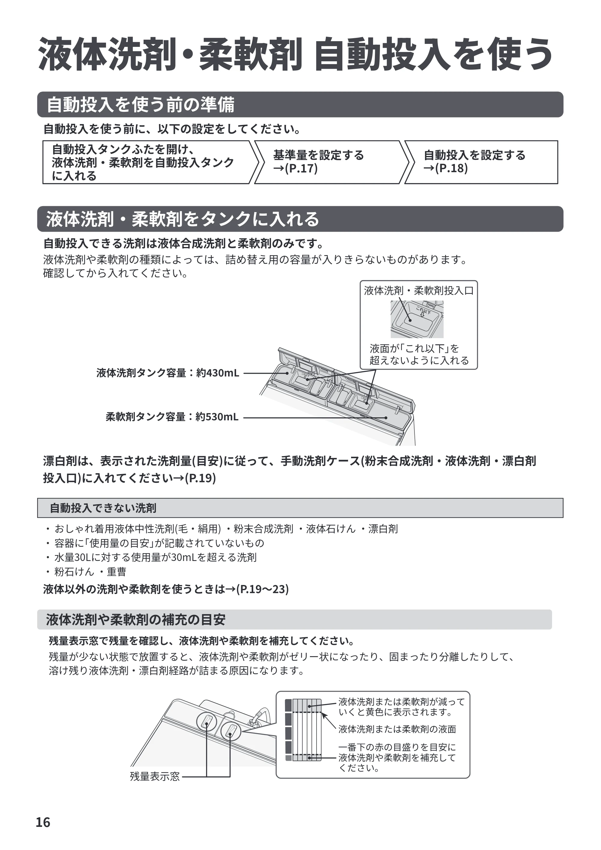日立 BW-X120P 取扱説明書 — 液体洗剤・柔軟剤 自動投入を使う — 原本ページ — 16ページ