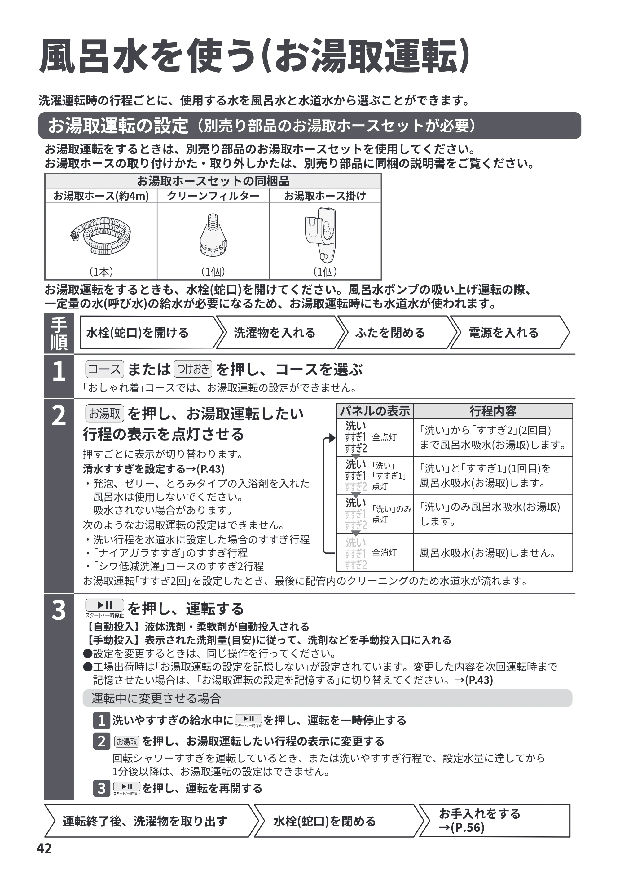日立 BW-X120P 取扱説明書 — 風呂水を使う(お湯取運転) — 原本ページ — 42ページ