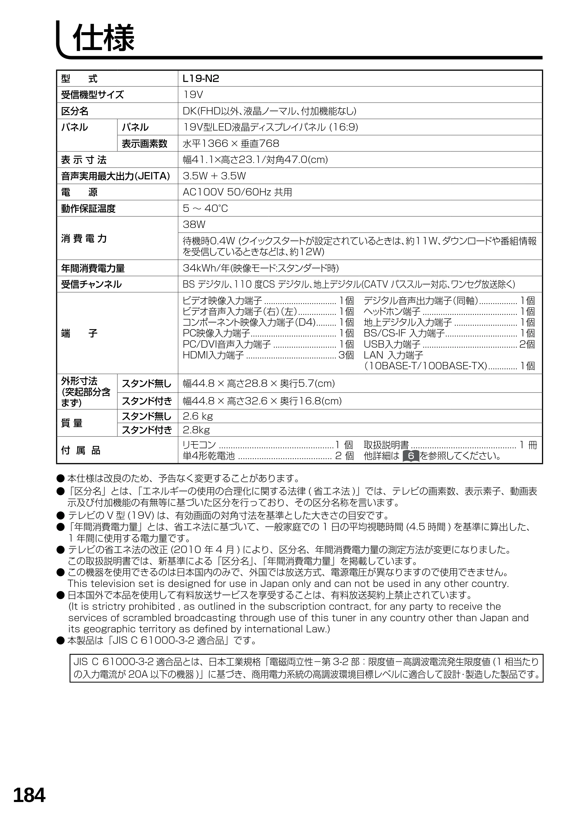 日立 L19-N2 取扱説明書 — 仕様 — 原本ページ — 184ページ