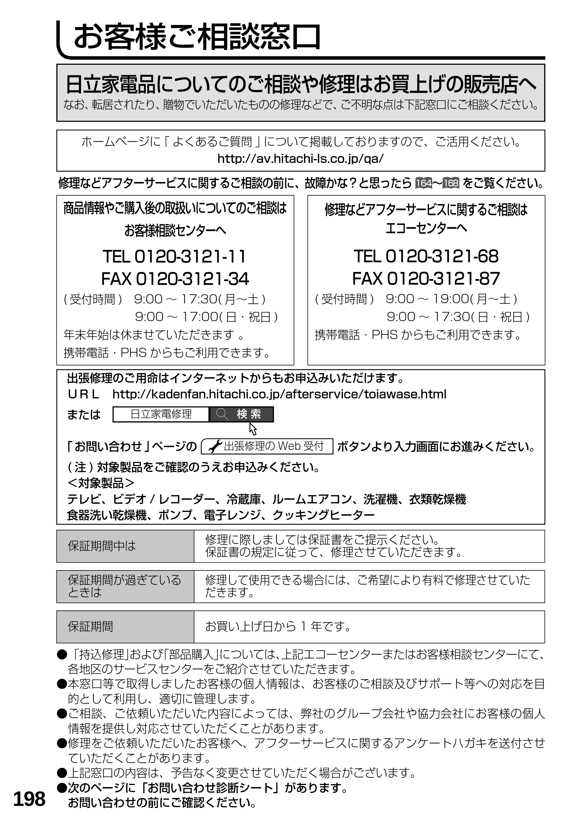 日立 L19-N2 取扱説明書 — お客様ご相談窓口 — 原本ページ — 198ページ