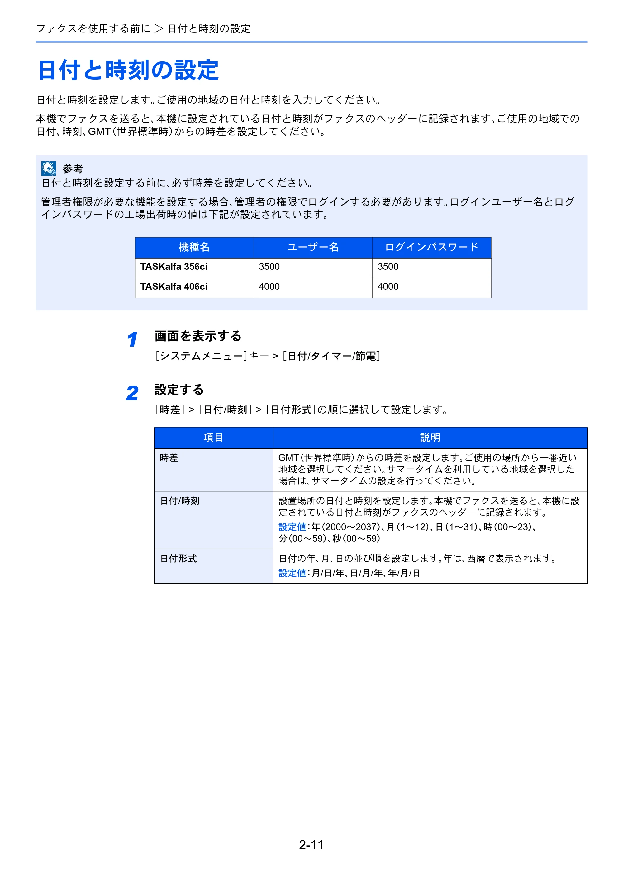 京セラ TASKalfa 356ci / TASKalfa 406ci TASKalfa 406ci/TASKalfa 356ci FAXSystem10 使用説明書 — 日付と時刻の設定 — 原本ページ — 30ページ