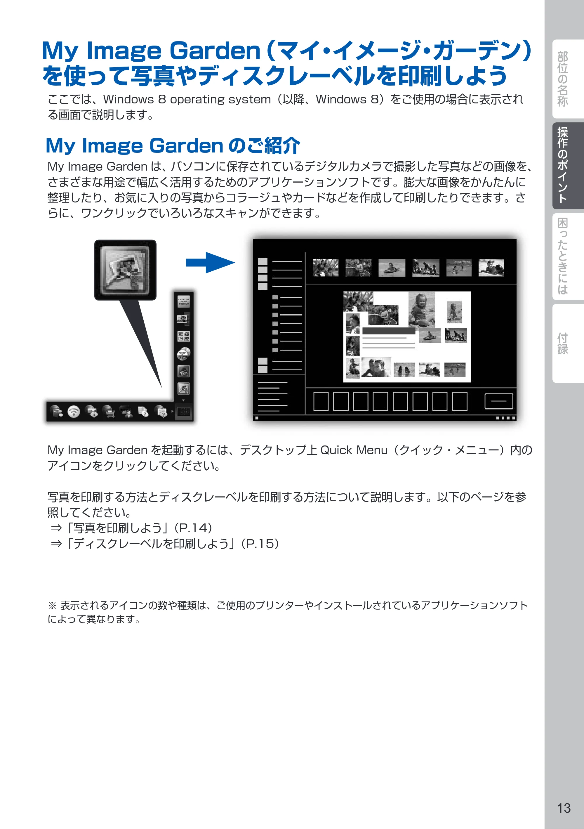 キヤノン PIXUS MG7530 / PIXUS MG7530F PIXUS 早わかり（PDF：3.50MB） — My Image Garden（マイ・イメージ・ガーデン）を使って写真やディスクレーベルを印刷しよう — 原本ページ — 15ページ