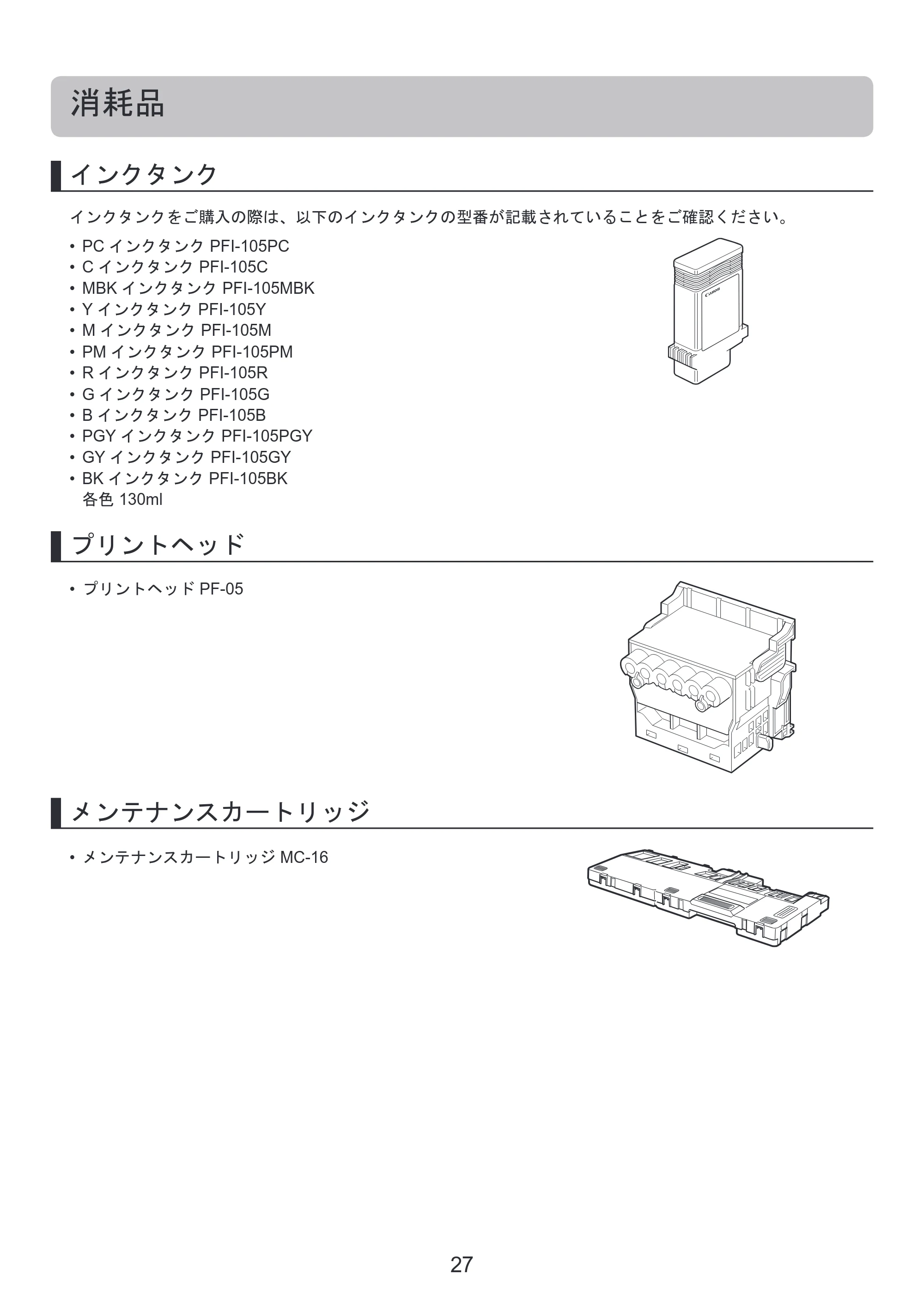 キヤノン iPF6300/6350 基本操作ガイド 本体操作 （PDF形式／5.14Mバイト） — 消耗品 — 原本ページ — 27ページ