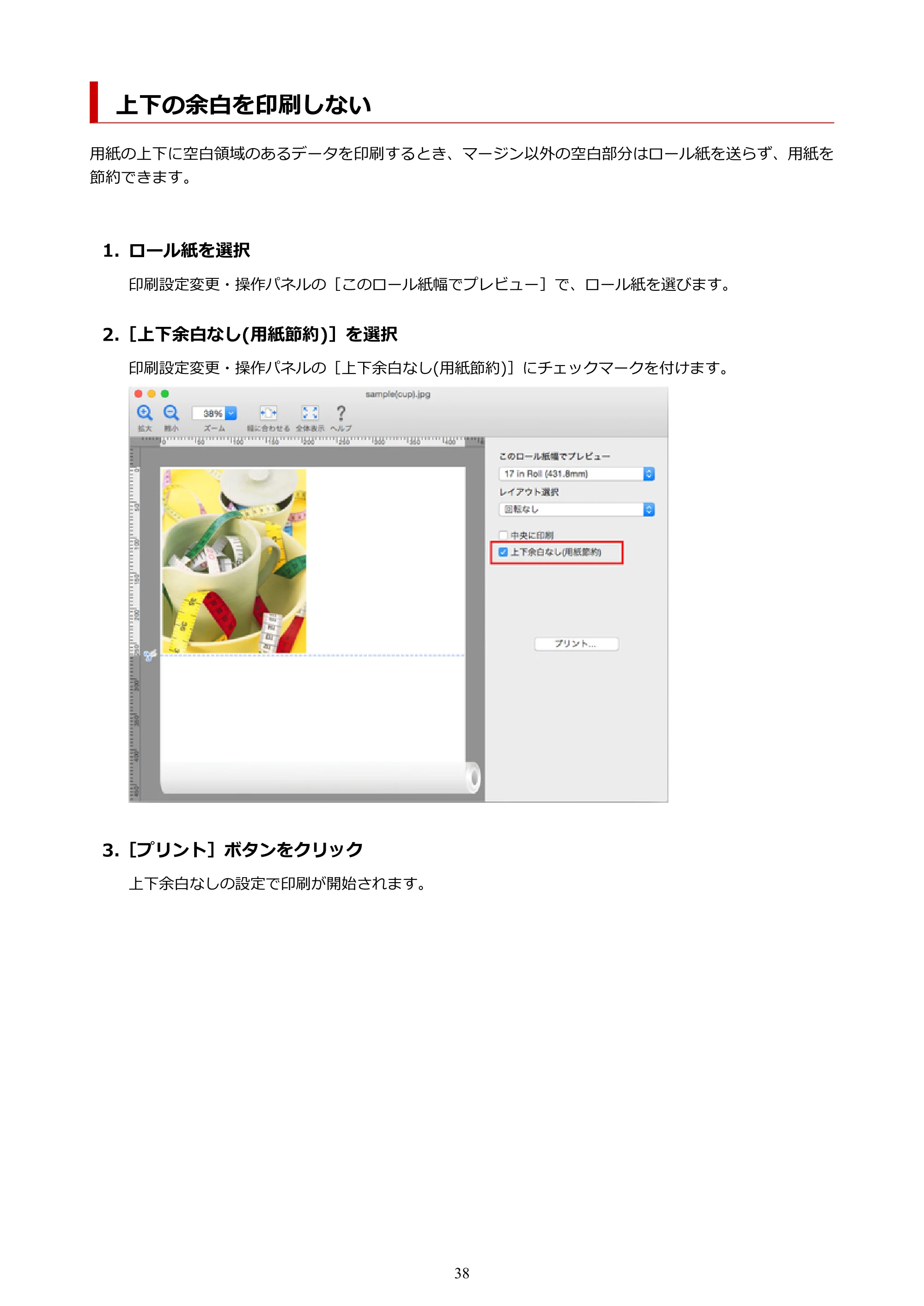 キヤノン PRO-1000 / PRO-2000 / PRO-4000 Preview ガイド（Mac版）2023年3月23日掲載（PDF：2.02MB） — 上下の余白を印刷しない — 原本ページ — 38ページ