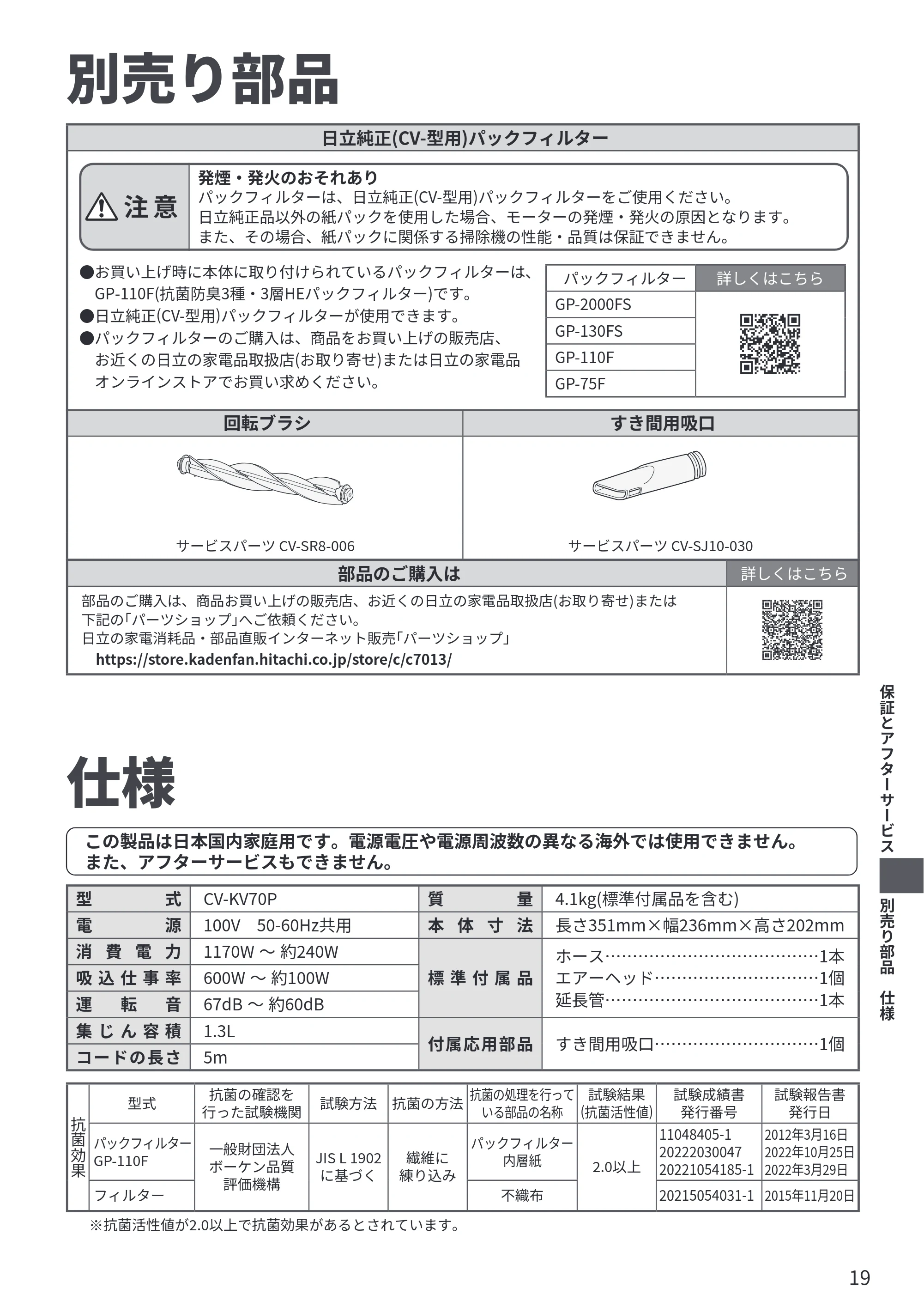 日立 CV-KV70P 取扱説明書 — 別売り部品 — 原本ページ — 19ページ