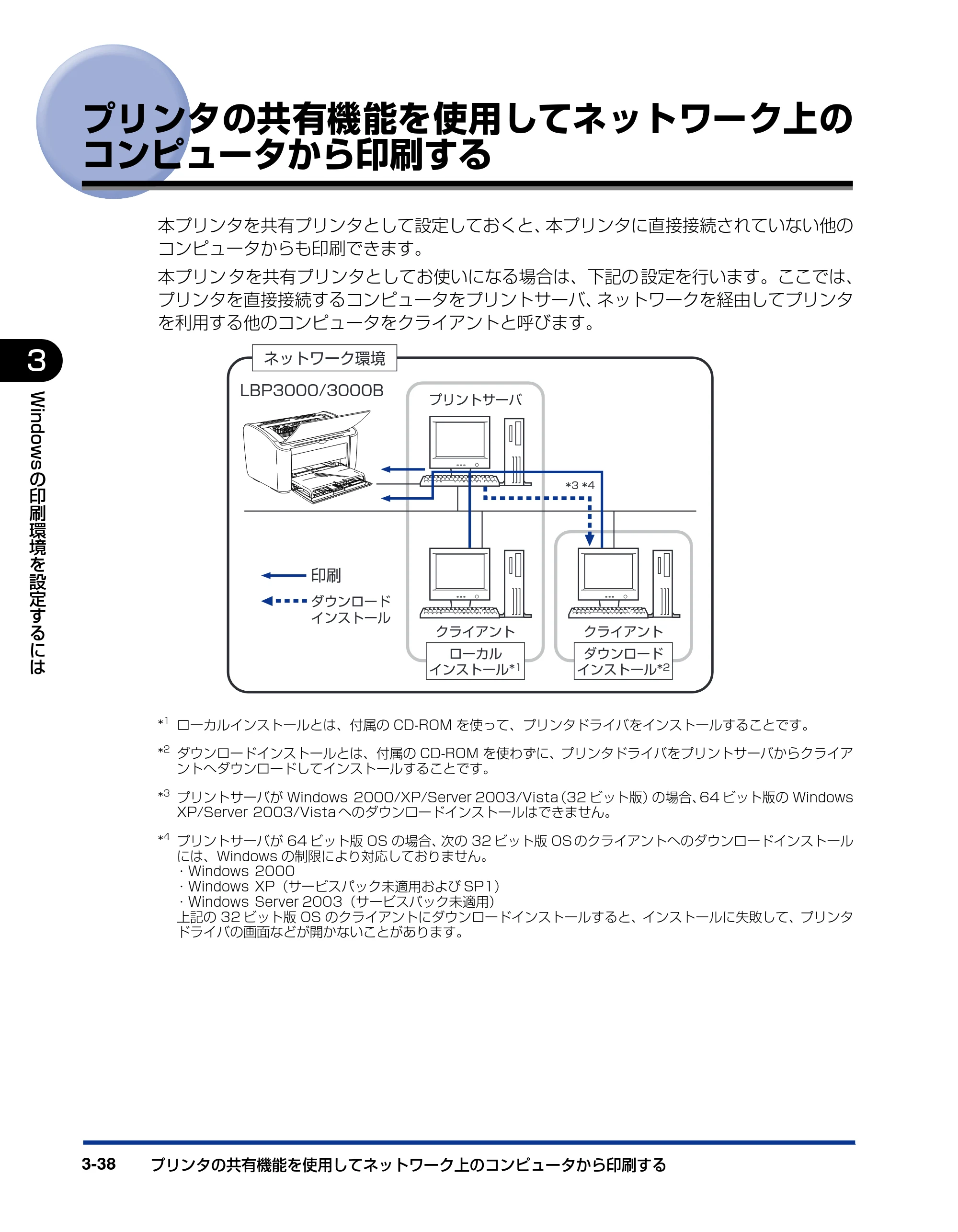 キヤノン LBP3000/3000B ユーザーズガイド 2010年3月11日更新 （PDF形式／11.12Mバイト） — プリンタの共有機能を使用してネットワーク上のコンピュータから印刷する — 原本ページ — 134ページ