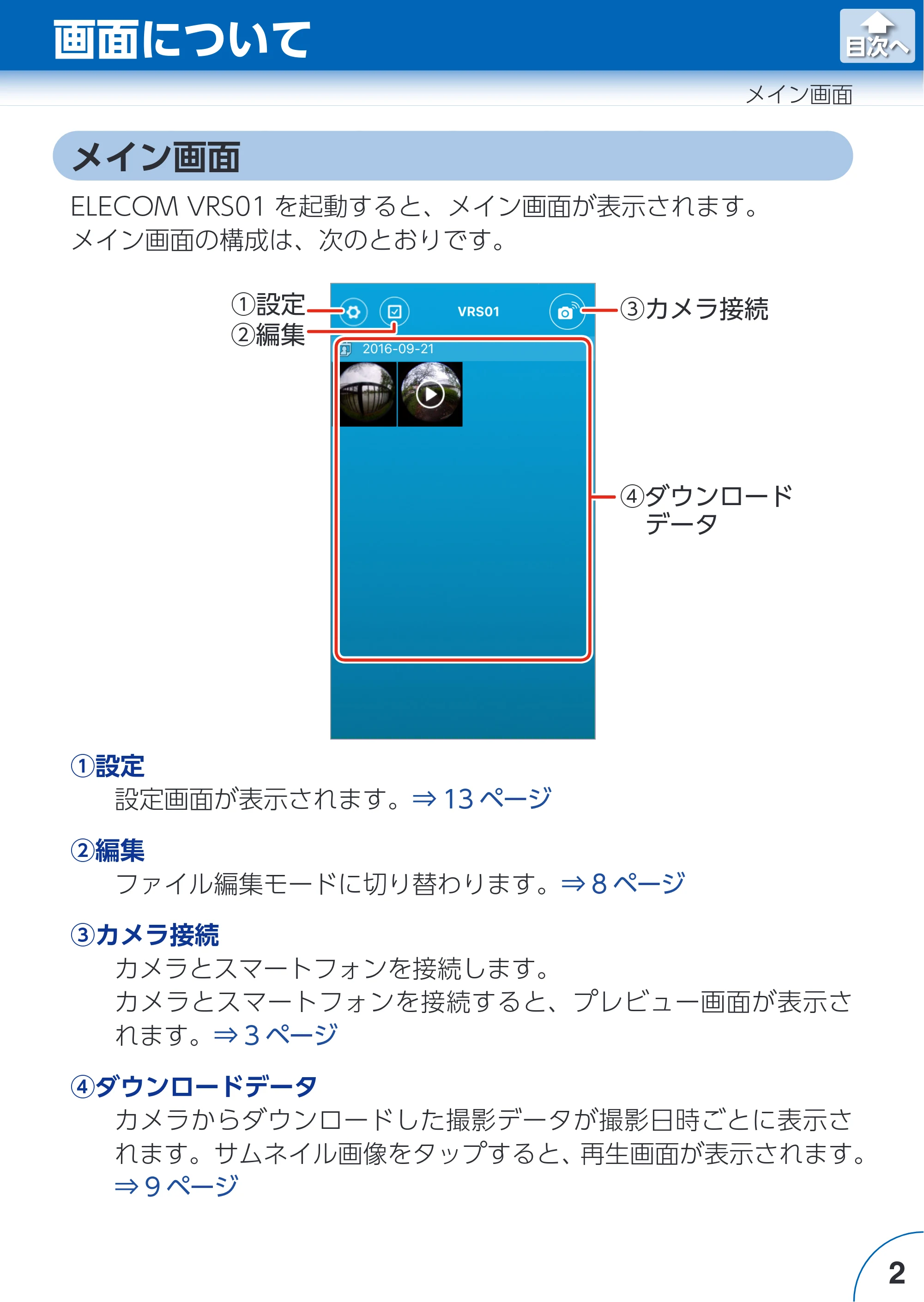 エレコム ACAM-VRS01BK for iOSアプリ ユーザーズガイド — 画面について — 原本ページ — 2ページ