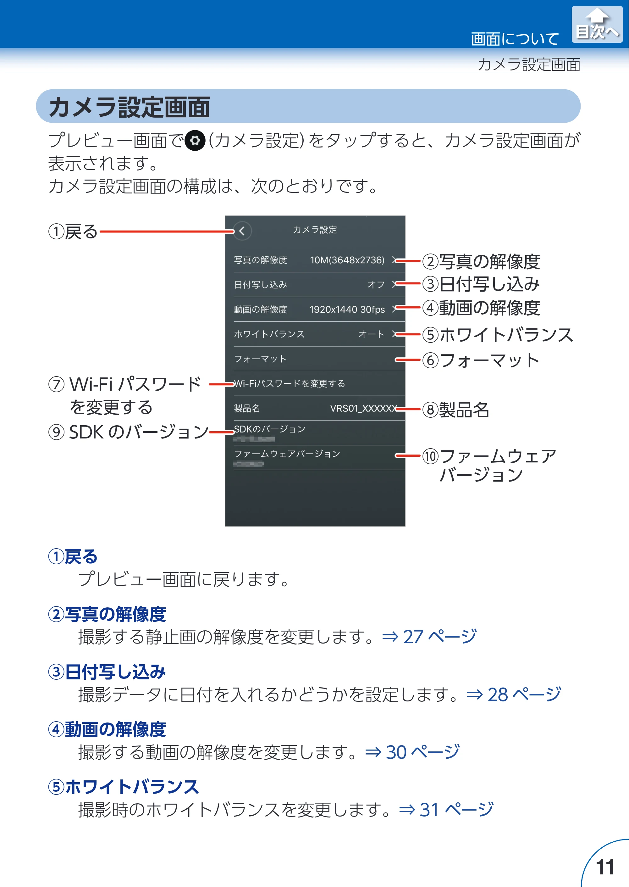 エレコム ACAM-VRS01BK for iOSアプリ ユーザーズガイド — カメラ設定画面 — 原本ページ — 11ページ
