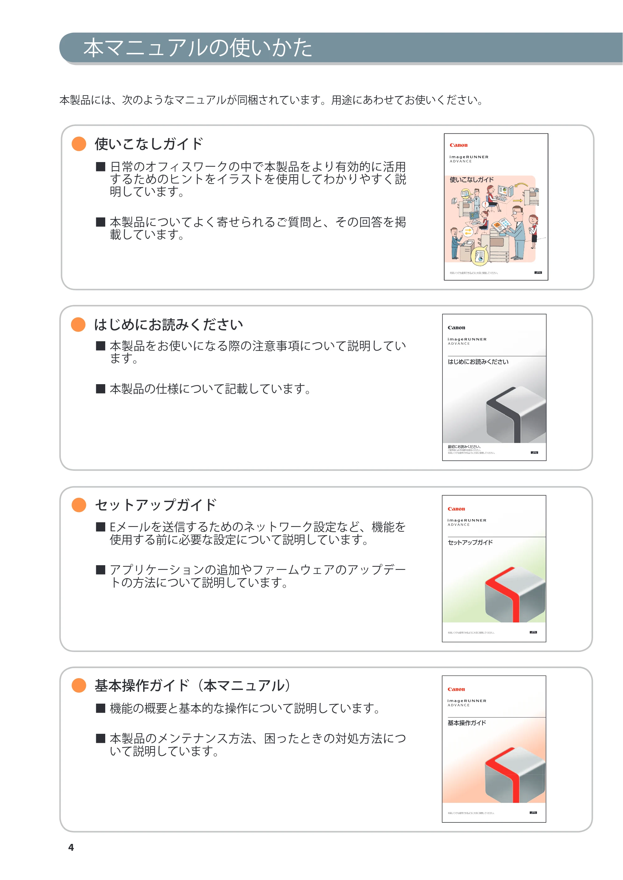キヤノン imageRUNNER ADVANCE 8205 PRO/8205 B/8295 PRO/8295 B/8285 PRO/8285 B 基本操作ガイド 2015年1月22日更新（PDF：21.1MB） — 原本ページ — 4ページ