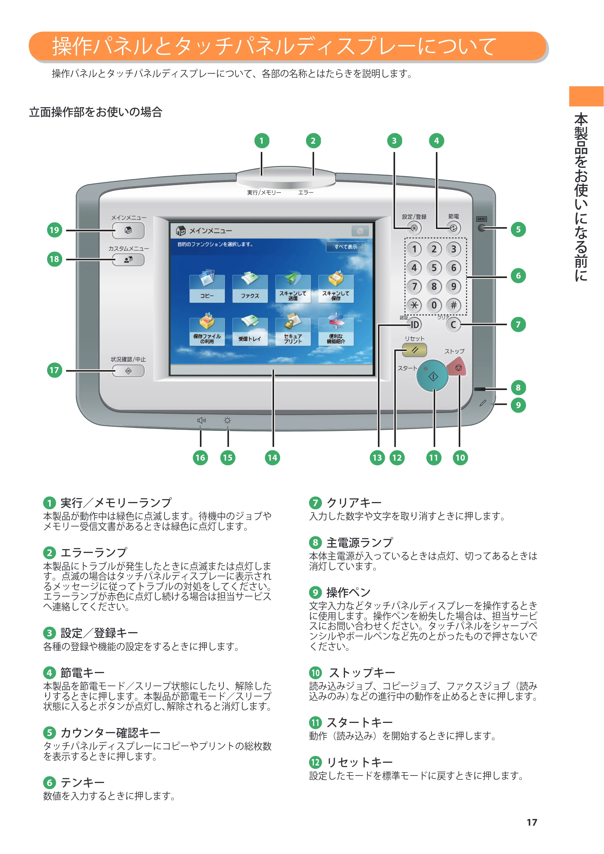 キヤノン imageRUNNER ADVANCE 8205 PRO/8205 B/8295 PRO/8295 B/8285 PRO/8285 B 基本操作ガイド 2015年1月22日更新（PDF：21.1MB） — 操作パネルとタッチパネルディスプレーについて — 原本ページ — 17ページ