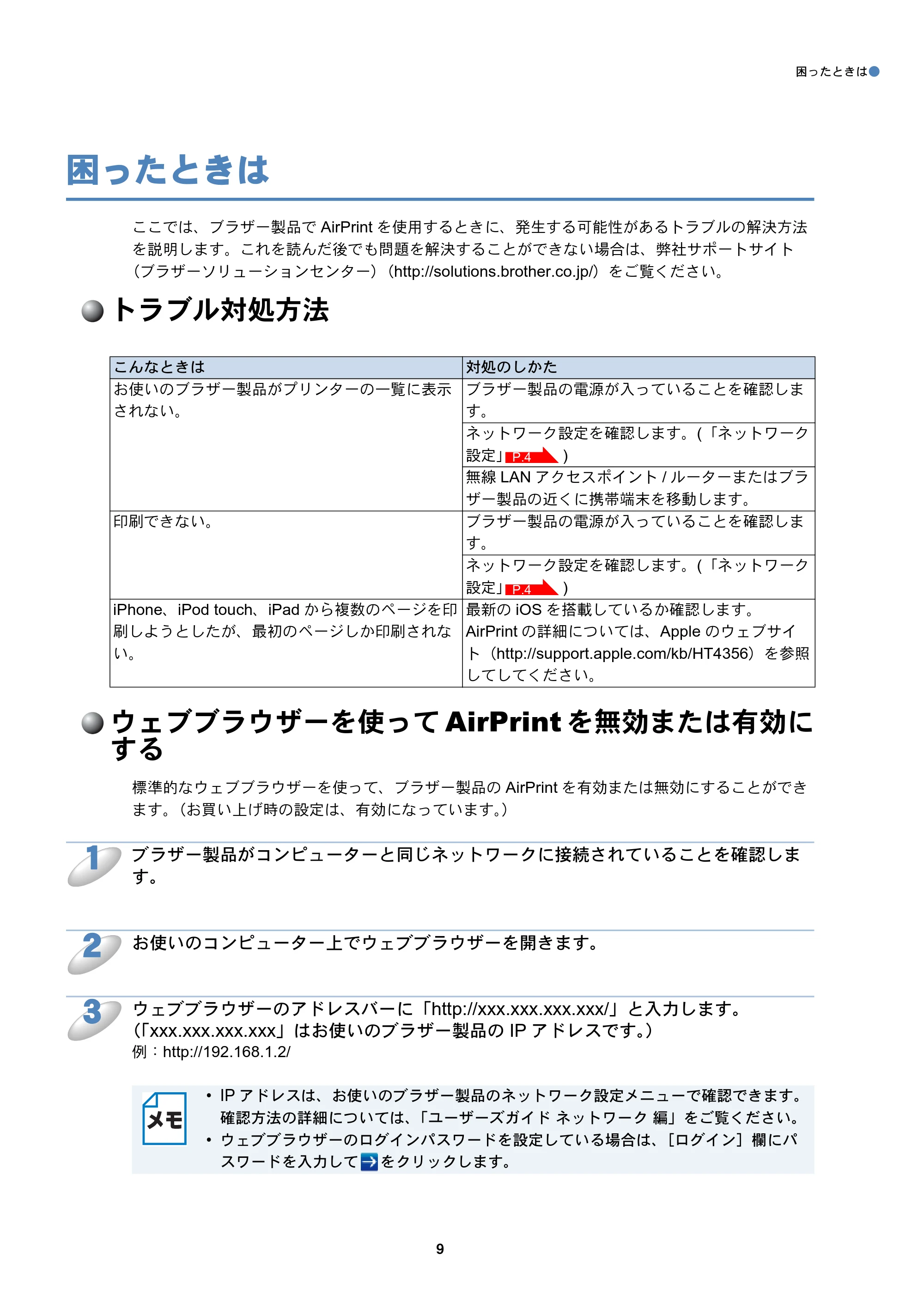 ブラザー DCP-J4210N / DCP-J4215N-B/W / MFC-J4510N AirPrintガイド — 困ったときは — 原本ページ — 10ページ