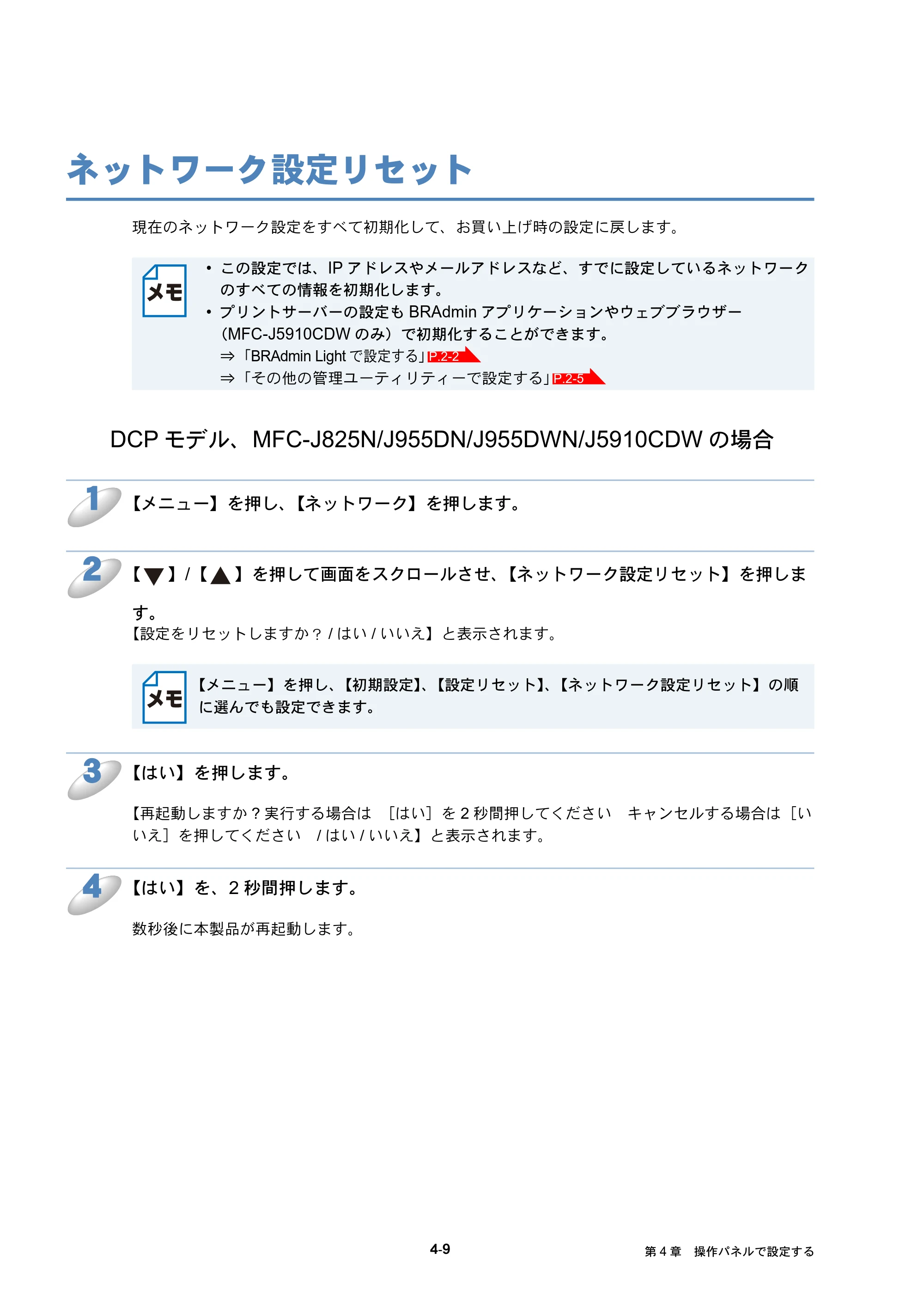 ブラザー DCP-J525N / DCP-J725N / DCP-J925N ユーザーズガイド ～ネットワーク操作編～ — ネットワーク設定リセット — 原本ページ — 45ページ
