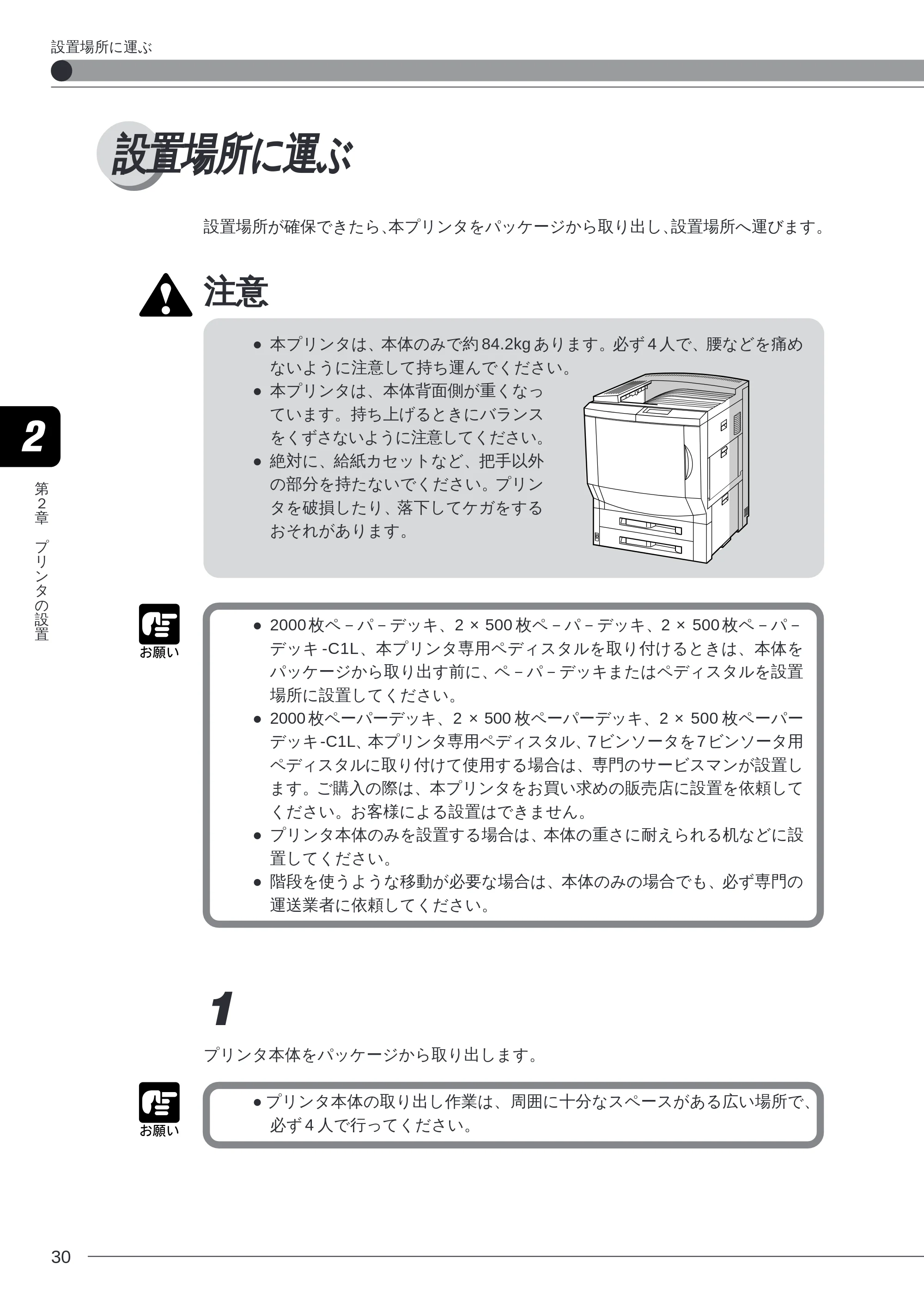 キヤノン LBP-2260PSII 本体／オプション品設置ガイド＆ネットワーク設定ガイド （PDF形式／6.11Mバイト） — 設置場所に運ぶ — 原本ページ — 32ページ