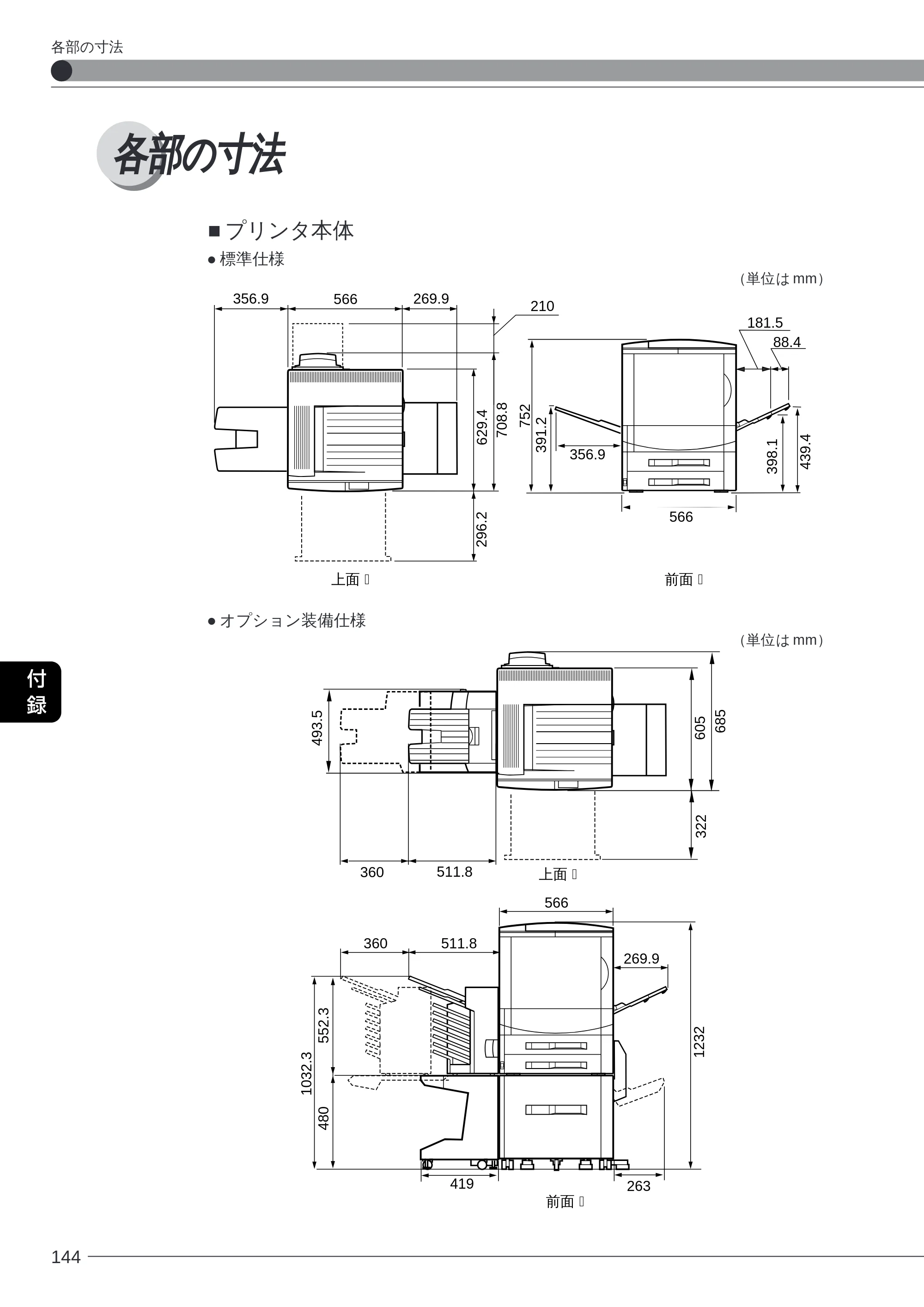 キヤノン LBP-2260PSII 本体／オプション品設置ガイド＆ネットワーク設定ガイド （PDF形式／6.11Mバイト） — 各部の寸法 — 原本ページ — 146ページ