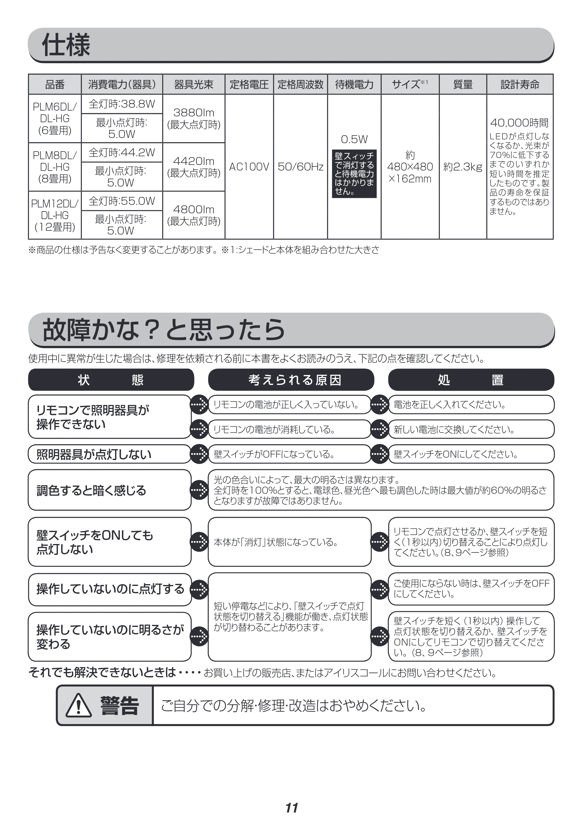アイリスオーヤマ PLM8DL / DL-HG 取扱説明書 — 原本ページ — 11ページ