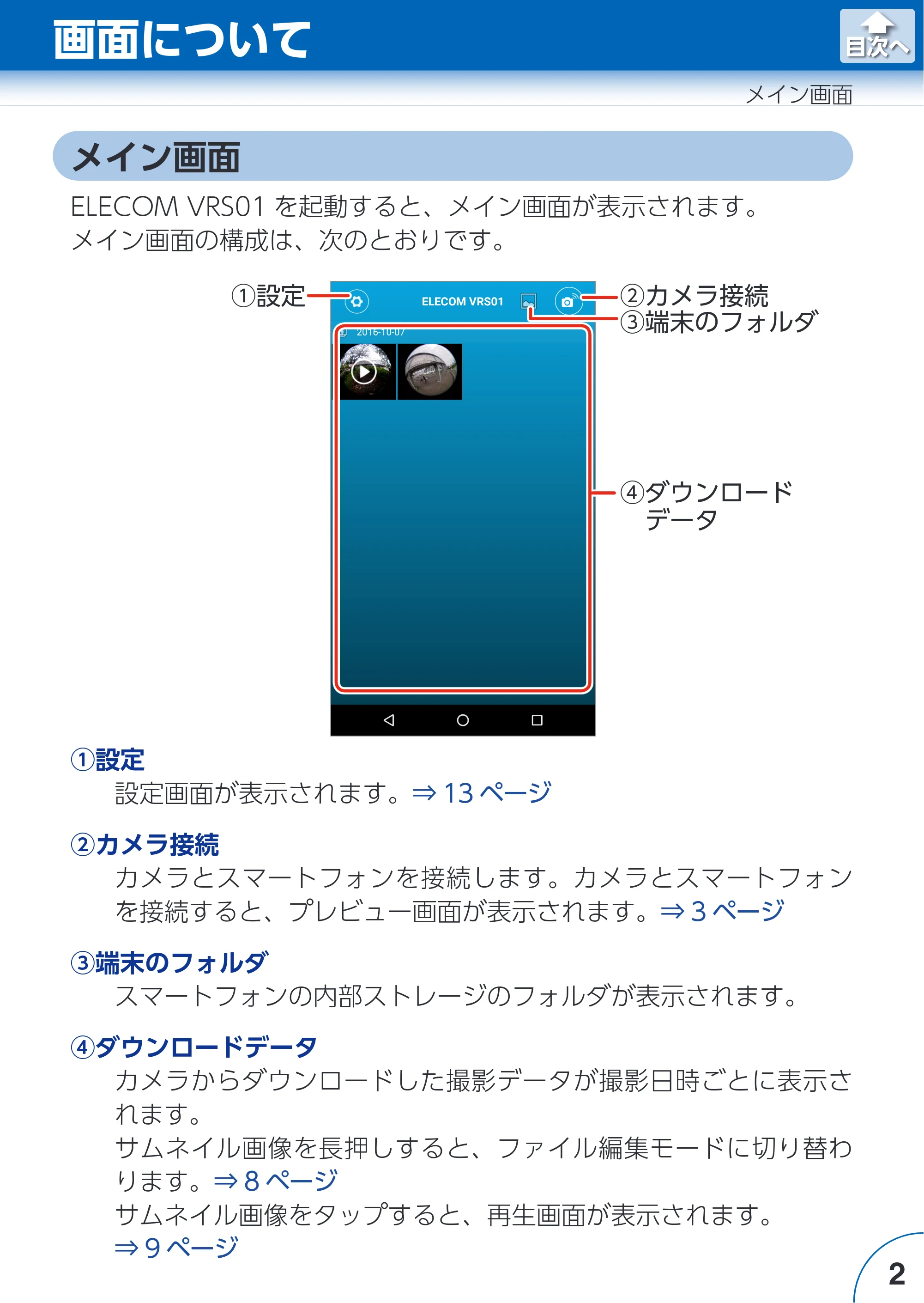 エレコム ACAM-VRS01BK for Androidアプリ ユーザーズガイド — 画面について — 原本ページ — 2ページ
