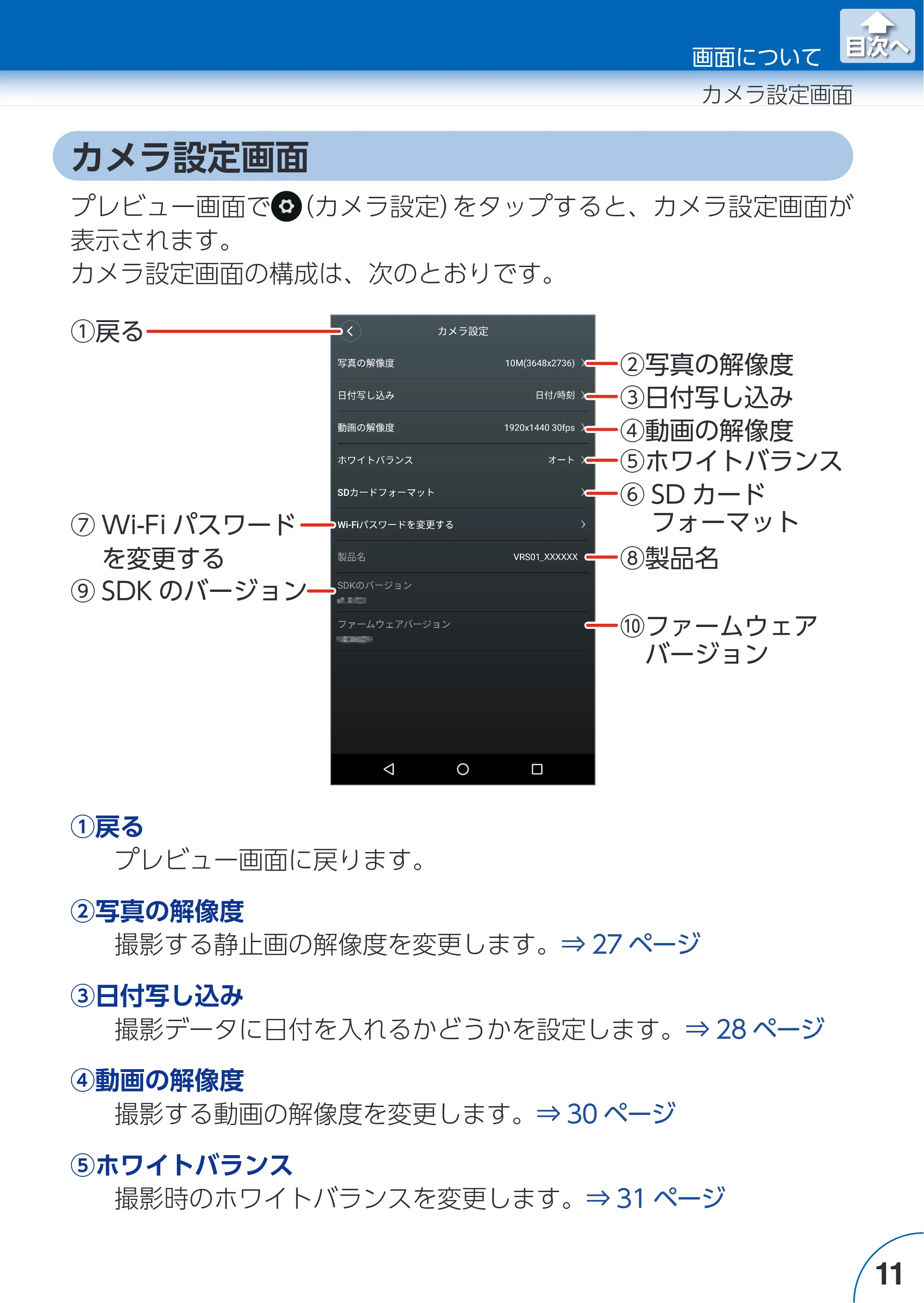 エレコム ACAM-VRS01BK for Androidアプリ ユーザーズガイド — カメラ設定画面 — 原本ページ — 11ページ