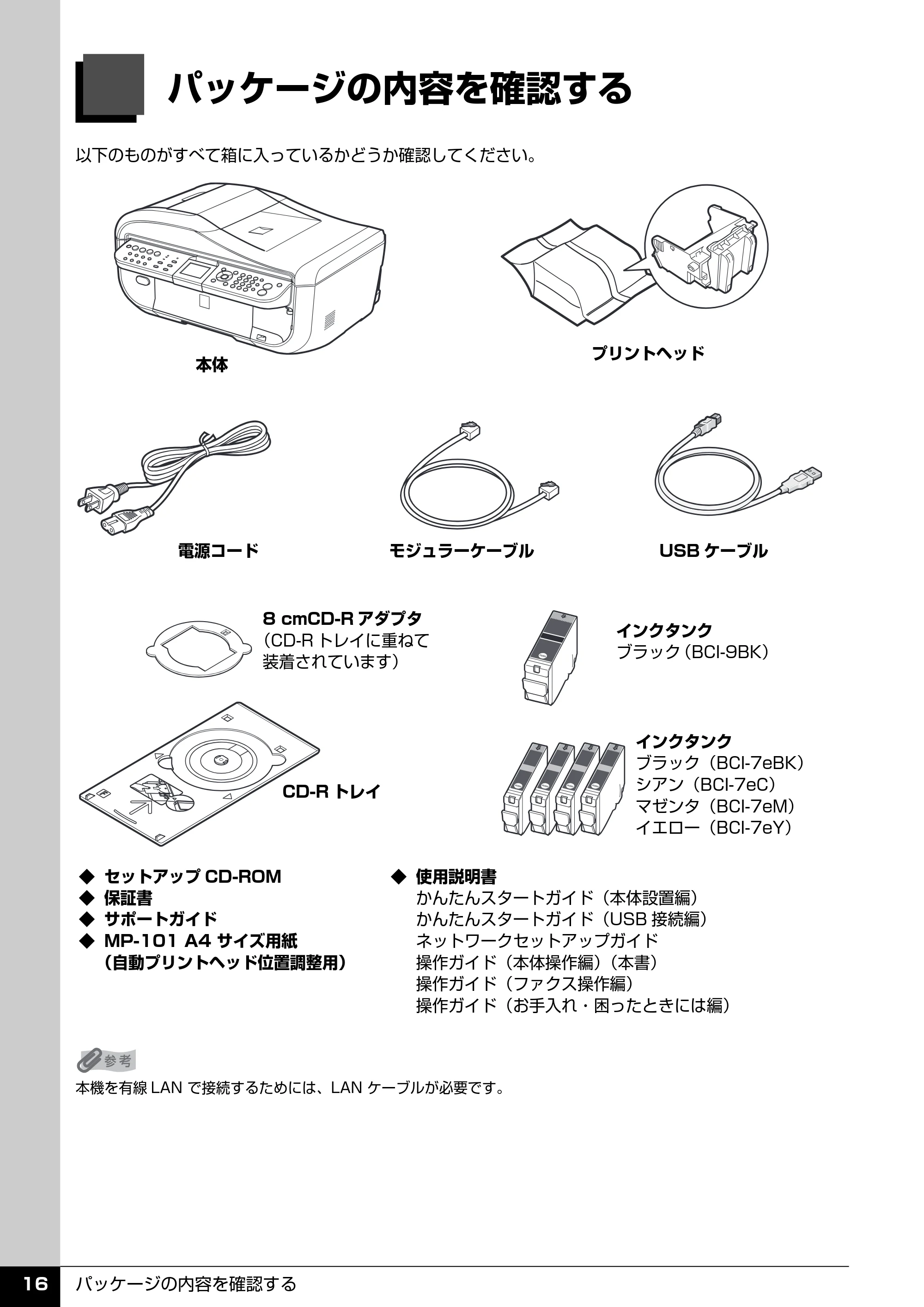 キヤノン PIXUS MX850 操作ガイド （本体操作編） （PDF形式／10.68Mバイト） — パッケージの内容を確認する — 原本ページ — 18ページ