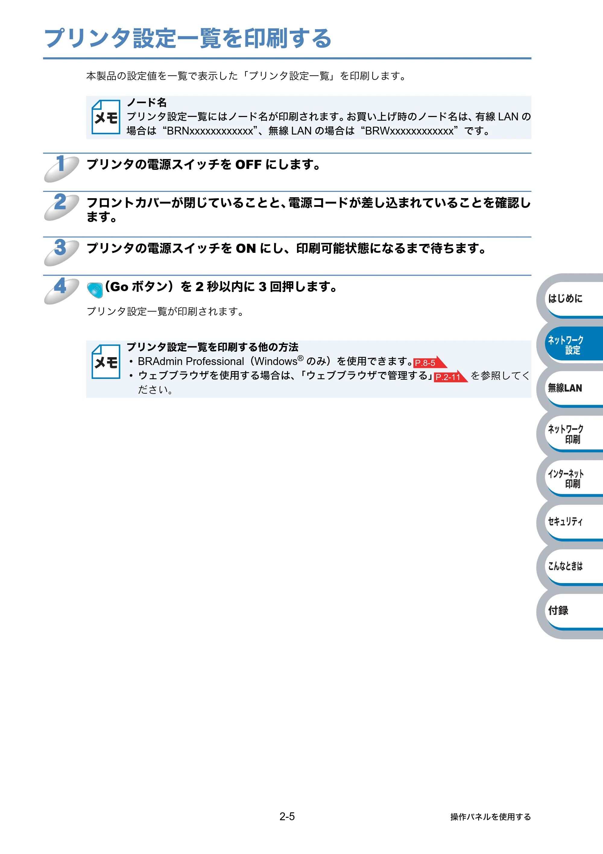 ブラザー HL-2170W ネットワーク取扱説明書 — プリンタ設定一覧を印刷する — 原本ページ — 25ページ