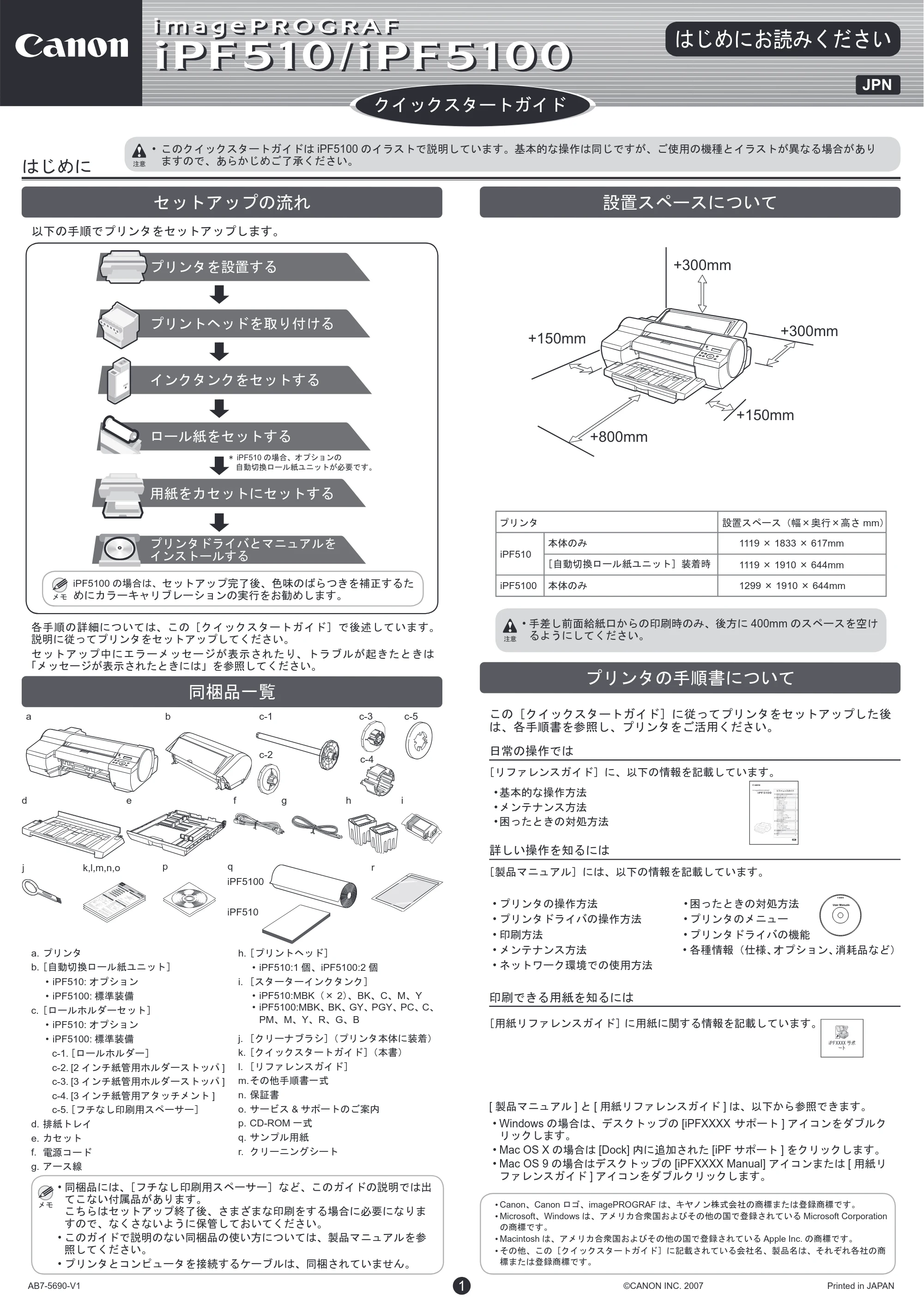 キヤノン iPF510/5100 クイックスタートガイド （PDF形式／5.47Mバイト） — 原本ページ — 1ページ