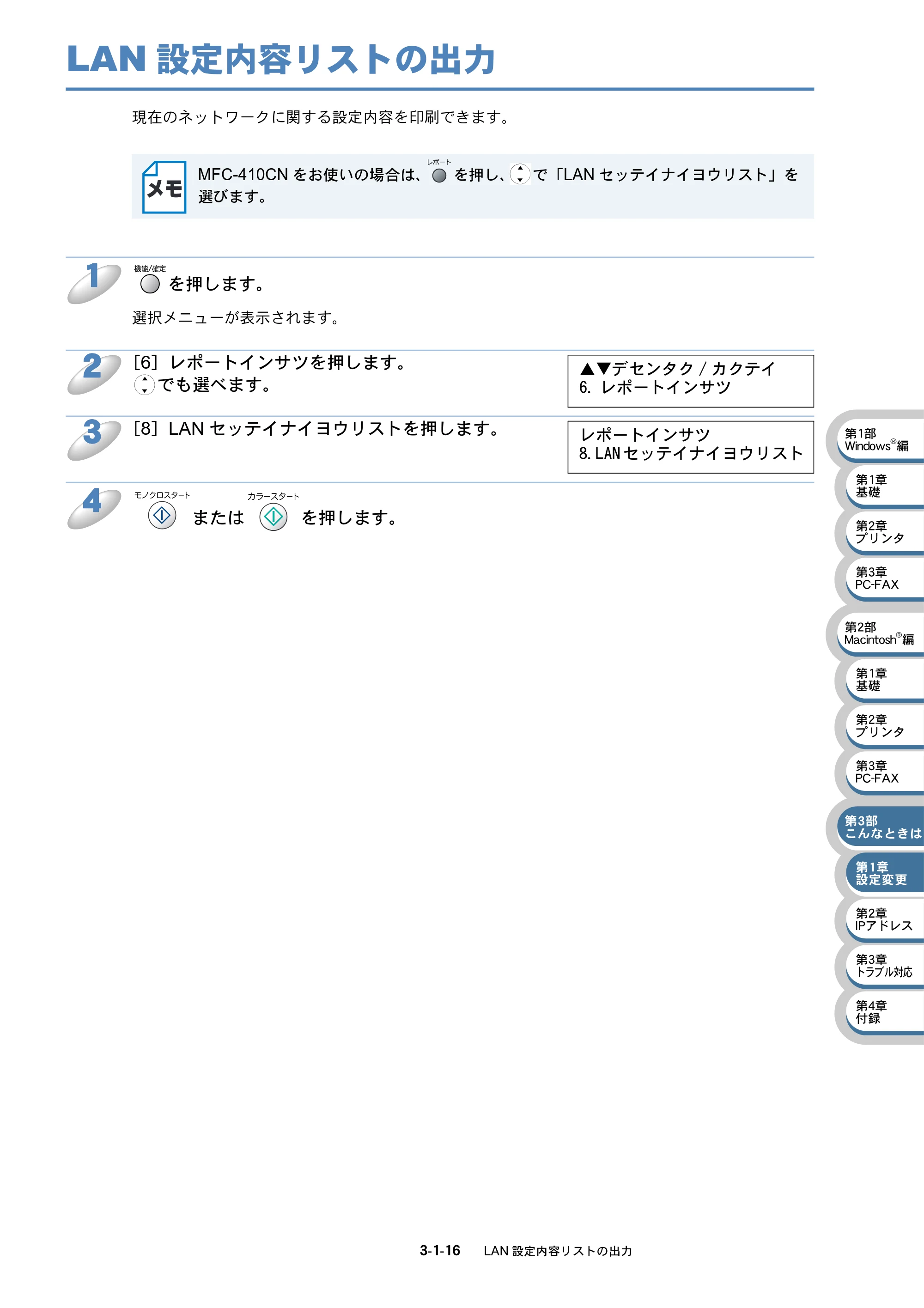ブラザー MFC-410CN / MFC-610CLN / MFC-610CLWN ネットワーク取扱説明書 — LAN設定内容リストの出力 — 原本ページ — 60ページ