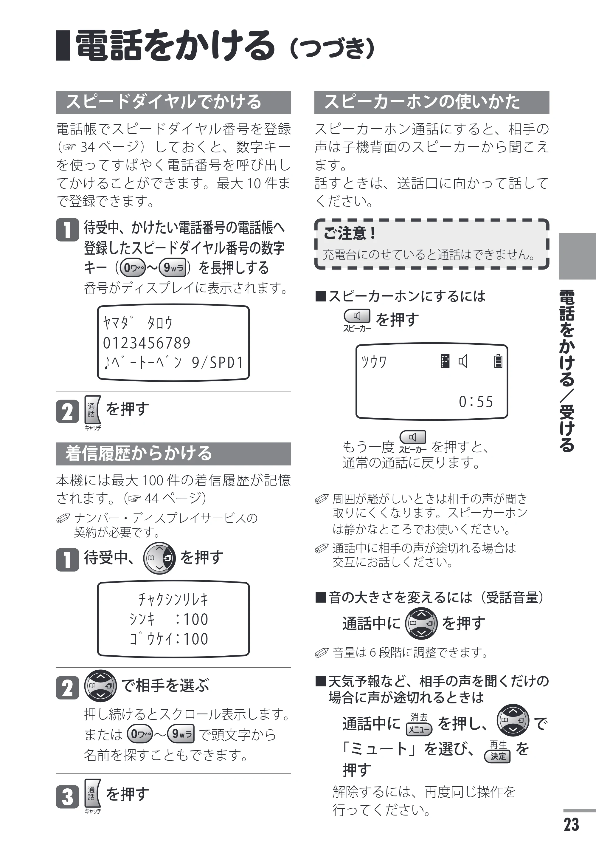 日立 HTE-201 / HTE-101 取扱説明書 — 電話をかける（つづき） — 原本ページ — 23ページ