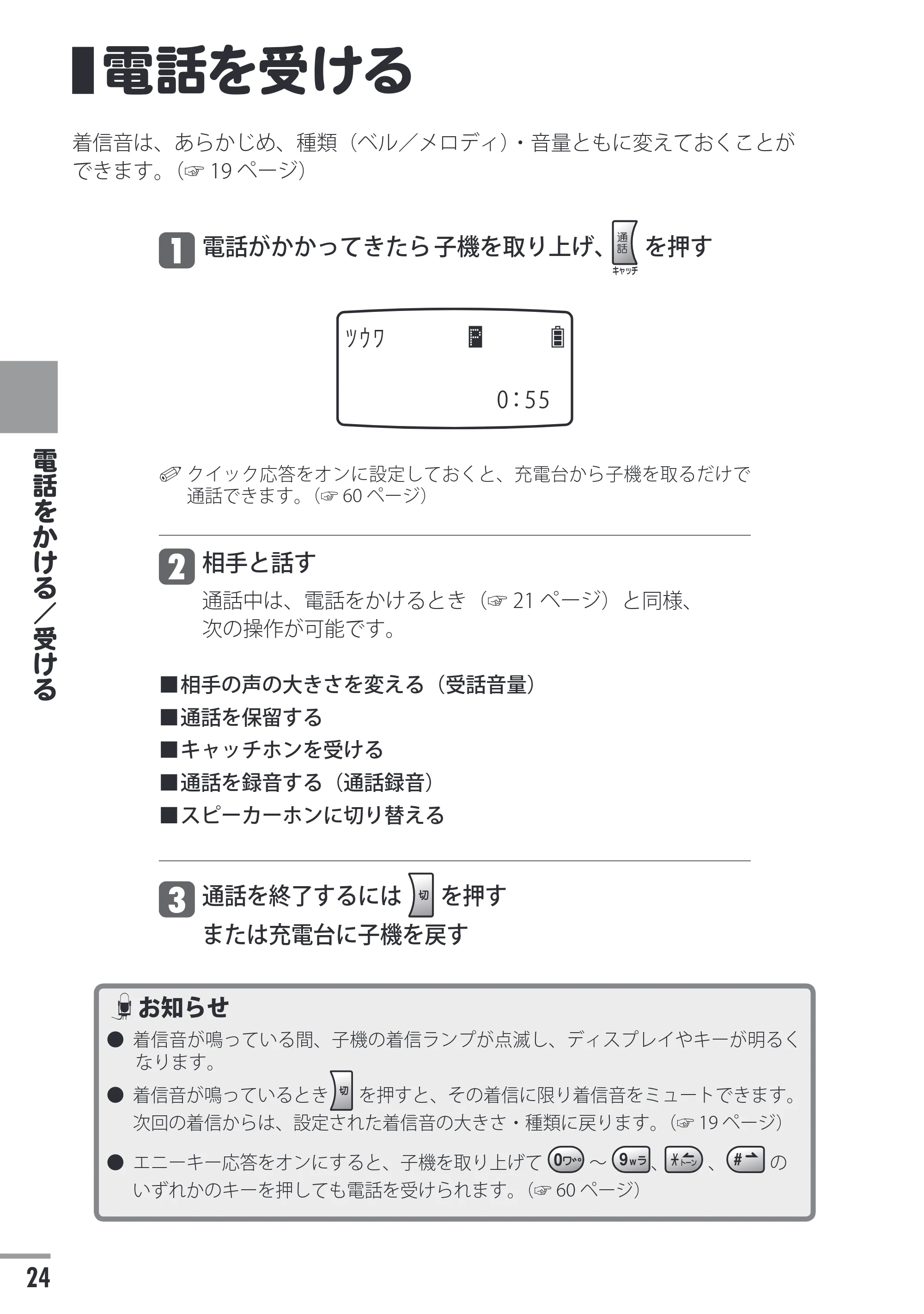 日立 HTE-201 / HTE-101 取扱説明書 — 電話を受ける — 原本ページ — 24ページ