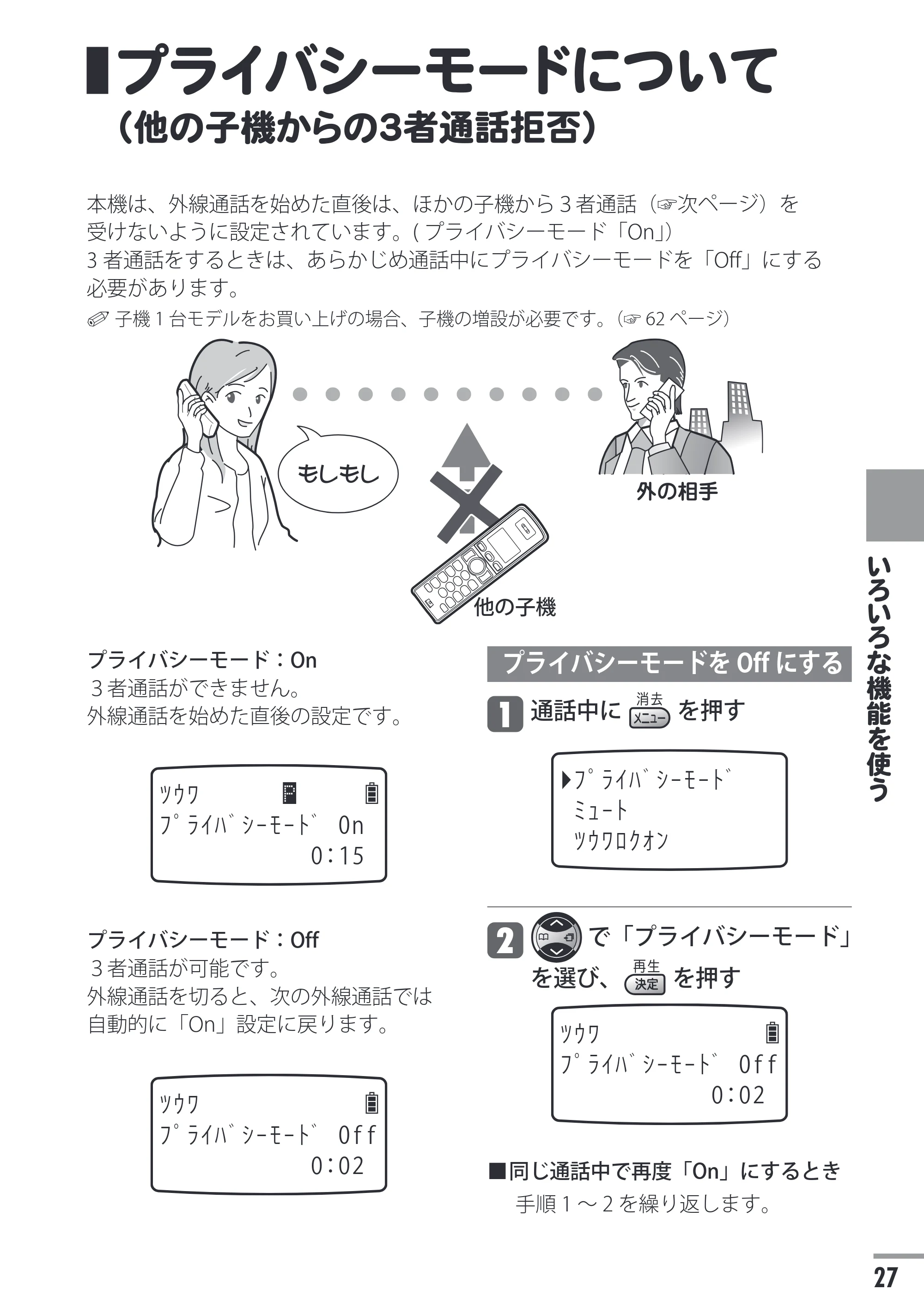 日立 HTE-201 / HTE-101 取扱説明書 — プライバシーモードについて（他の子機からの３者通話拒否） — 原本ページ — 27ページ