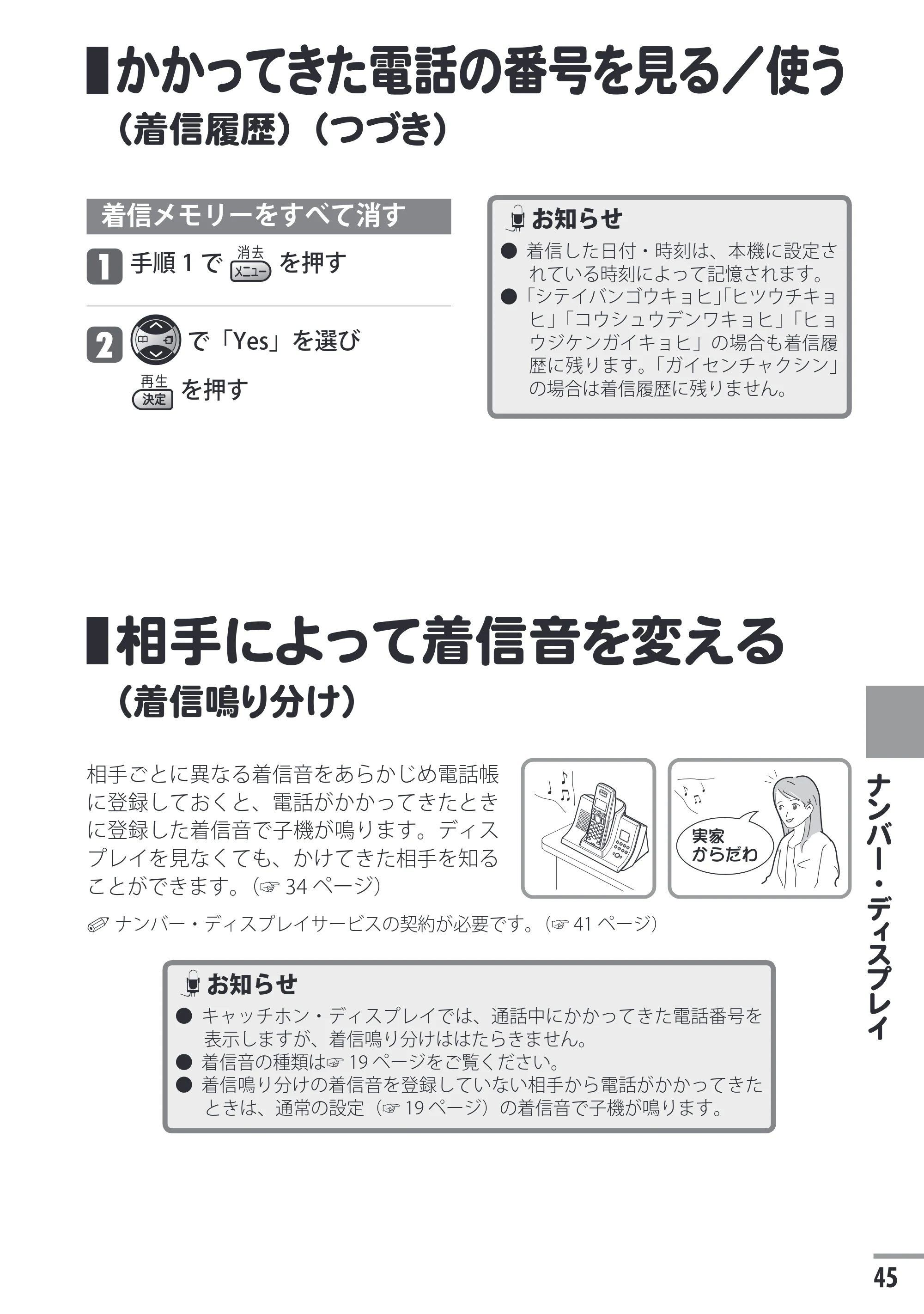 日立 HTE-201 / HTE-101 取扱説明書 — 相手によって着信音を変える（着信鳴り分け） — 原本ページ — 45ページ