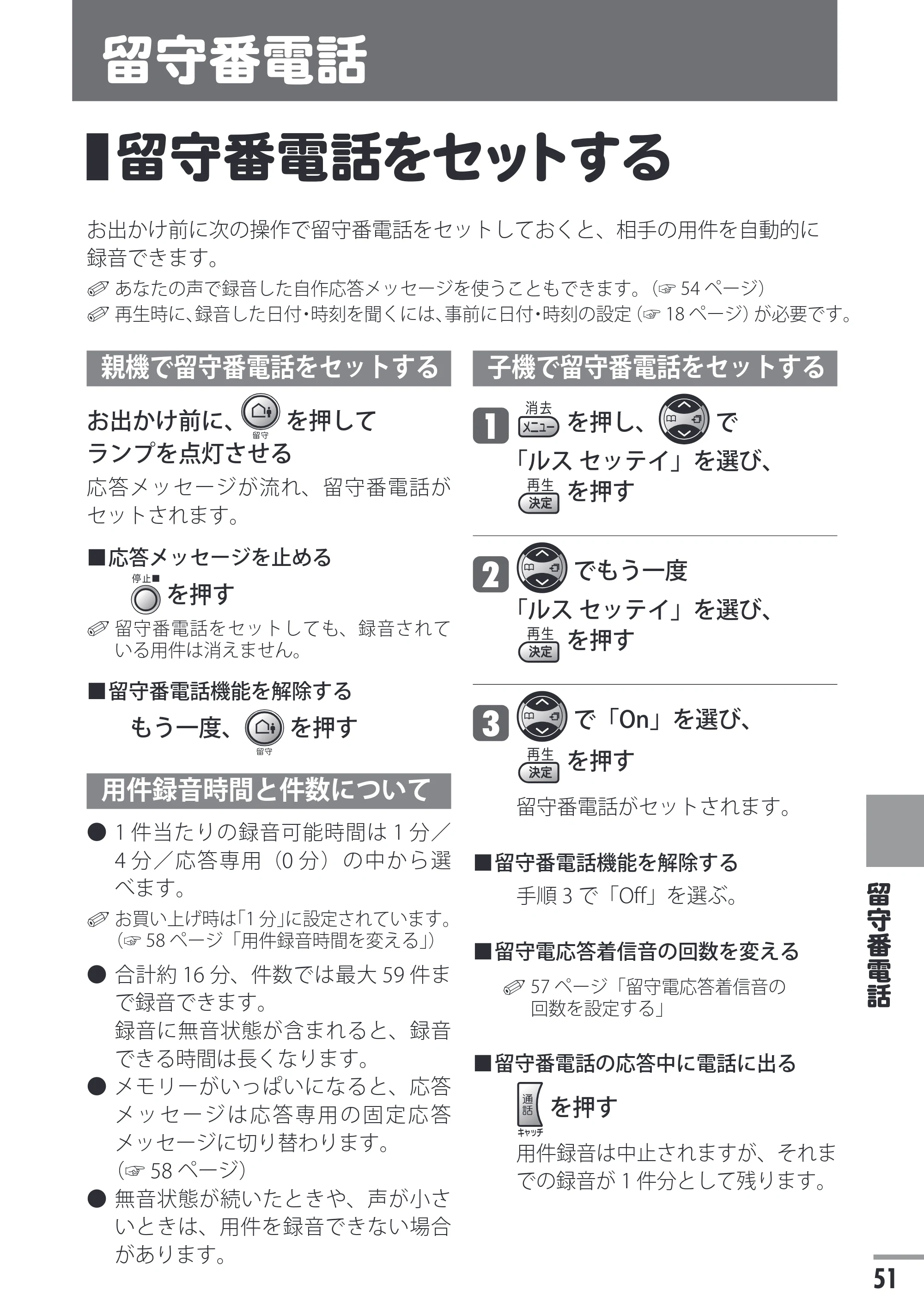 日立 HTE-201 / HTE-101 取扱説明書 — 留守番電話 — 原本ページ — 51ページ