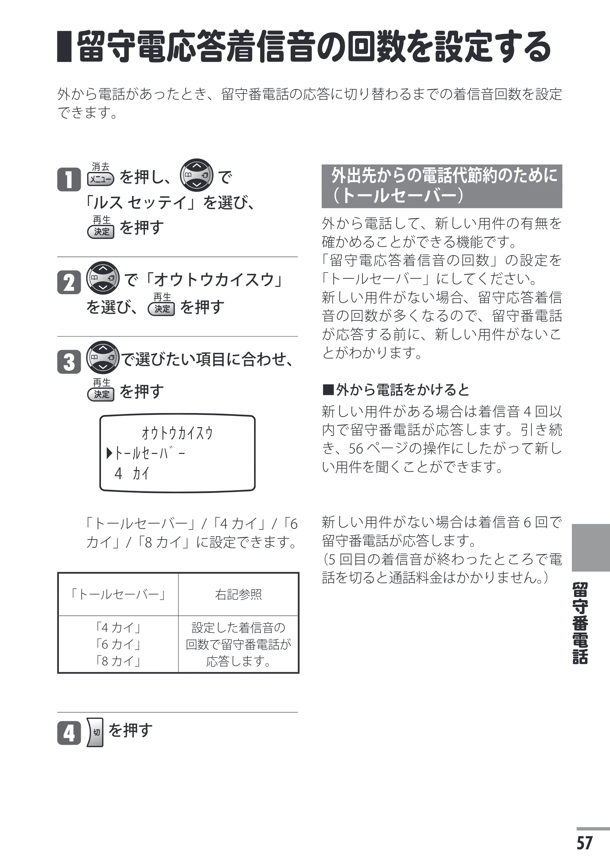 日立 HTE-201 / HTE-101 取扱説明書 — 留守電応答着信音の回数を設定する — 原本ページ — 57ページ